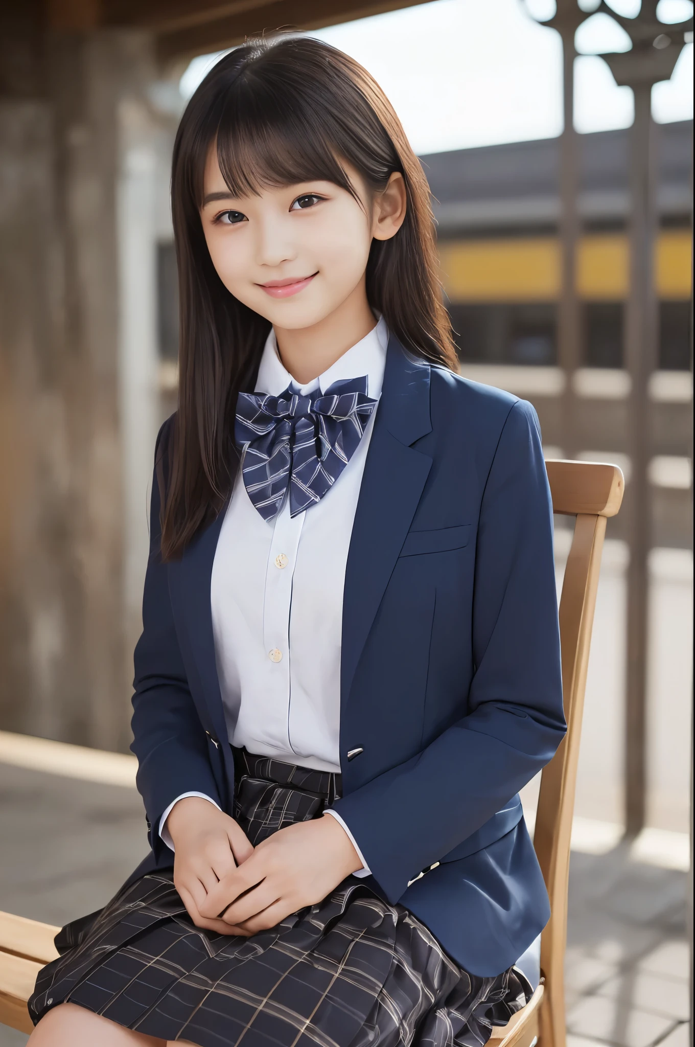 ( top quality,  Masterpiece:1.2),  top quality,  is present,  photos,  high resolution, 1080P, 8k,  physical rendering , ((: 158cm)),   Japanese Girl、((((((A beautiful -yeld faon model from a Japanese fashion magazine is staring straight into the audience)))))), ((( x} beautiful dark brown eyes that are large and very detailed))), ((((Laugh at me!)))),  Fine fingers , (((Short, curly bangs))), ((((Very noble and pretty eyes,  meticulously drawn )))), (( double eyelids)), (((long eyelashes))), ((Cute adorable smiling cheeks)), ((Pure white light hits my nose and cheeks.  Her eyes and white face shine beautifully white .)), ((((( Her facial features are very expressive and has a nice smile , so sweet, Very very clever))))), (((( impressive plain dark blue large student bow tie solid color )))), ((((black, very beautiful and very long hair )))), (red and navy plaid formal long pleated skirt), ((( a slightly larger dark blue solid blazer with a gold crest 、It has a gold crest))), (( graceful like a noble princess )), ((Sitting on a chair on the platform of a rural station)), ((Full body shot from the side))