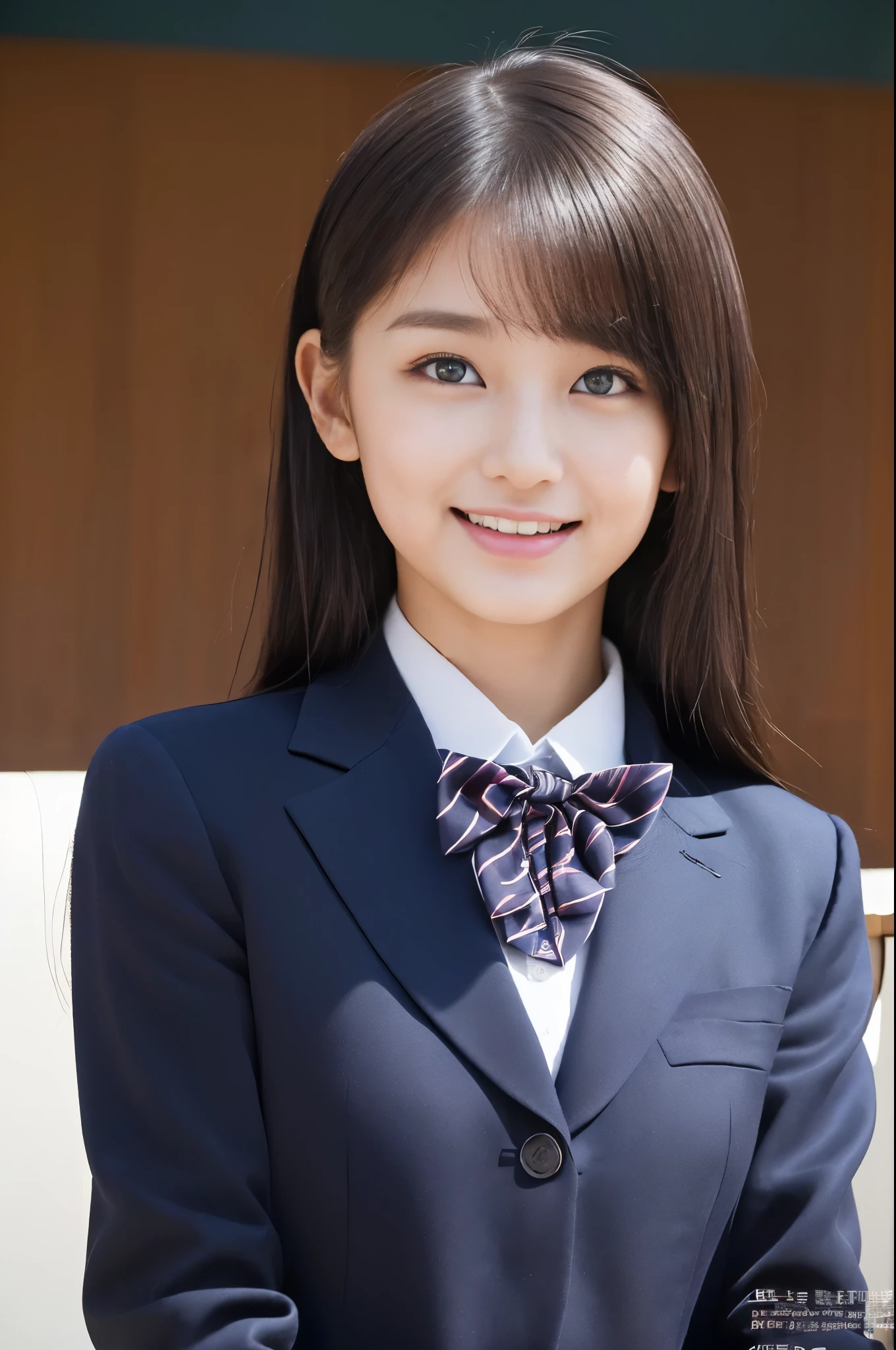 ( top quality, Masterpiece:1.2), top quality, is present, photos, high resolution, 1080P, 8k, physical rendering , ((: 158cm)), Japanese Girl、((((((A beautiful -yeld faon model from a Japanese fashion magazine is staring straight into the audience)))))), ((( x} beautiful dark brown eyes that are large and very detailed))), ((((Laugh at me!)))), Fine fingers , (((Short, curly bangs))), ((((Very noble and pretty eyes, meticulously drawn )))), (( double eyelids)), (((long eyelashes))), ((Cute adorable smiling cheeks)), ((Pure white light hits my nose and cheeks. Her eyes and white face shine beautifully white .)), ((((( Her facial features are very expressive and has a nice smile , so sweet, Very very clever))))), (((( impressive plain dark blue large student bow tie solid color )))), ((((black, very beautiful and very long hair )))), (red and navy plaid formal long pleated skirt), ((( a slightly larger dark blue solid blazer with a gold crest 、It has a gold crest))), (( graceful like a noble princess )), ((Sitting on a chair on the platform of a rural station)), ((Full body shot from the side))