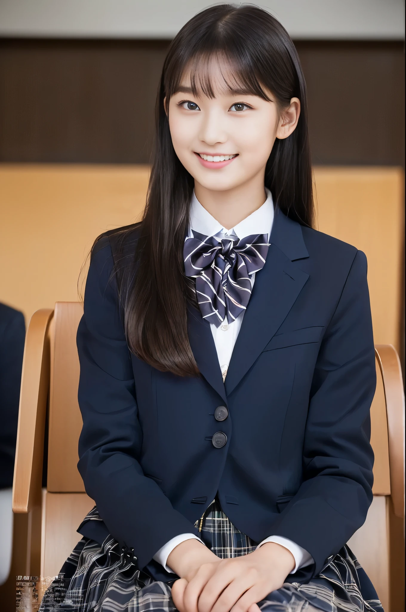 ( top quality,  Masterpiece:1.2),  top quality,  is present,  photos,  high resolution, 1080P, 8k,  physical rendering , ((: 158cm)),   Japanese Girl、((((((A beautiful -yeld faon model from a Japanese fashion magazine is staring straight into the audience)))))), ((( x} beautiful dark brown eyes that are large and very detailed))), ((((Laugh at me!)))),  Fine fingers , (((Short, curly bangs))), ((((Very noble and pretty eyes,  meticulously drawn )))), (( double eyelids)), (((long eyelashes))), ((Cute adorable smiling cheeks)), ((Pure white light hits my nose and cheeks.  Her eyes and white face shine beautifully white .)), ((((( Her facial features are very expressive and has a nice smile , so sweet, Very very clever))))), (((( impressive plain dark blue large student bow tie solid color )))), ((((black, very beautiful and very long hair )))), (red and navy plaid formal long pleated skirt), ((( a slightly larger dark blue solid blazer with a gold crest 、It has a gold crest))), (( graceful like a noble princess )), ((Sitting on a chair on the platform of a rural station)), ((Full body shot from the side))