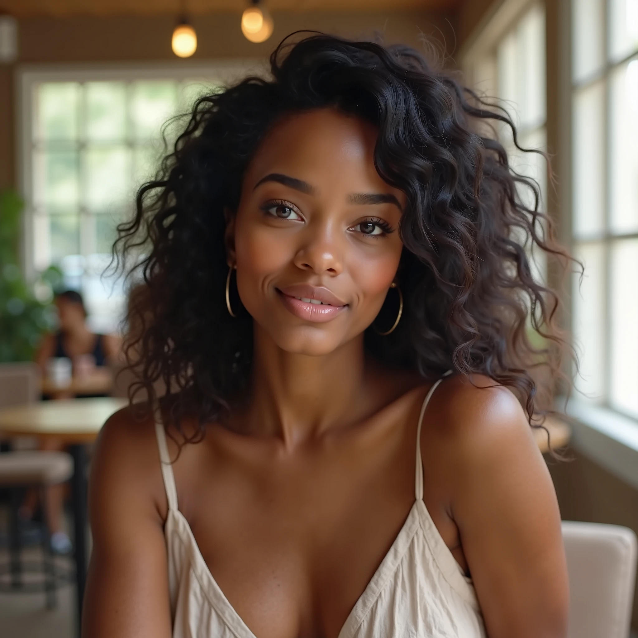 (best quality,4k,8k,highres,masterpiece:1.2),ultra-detailed,(realistic,photorealistic,photo-realistic:1.37),African American woman with beautiful curly afro hair and gorgeous hazel eyes, smiling, She is 30 years old, weighs 160 kilograms, and is 1.72 meters tall, wearing a stunning short red dress,portrait style,artistic background details,soft warm color tone,enchanting lighting