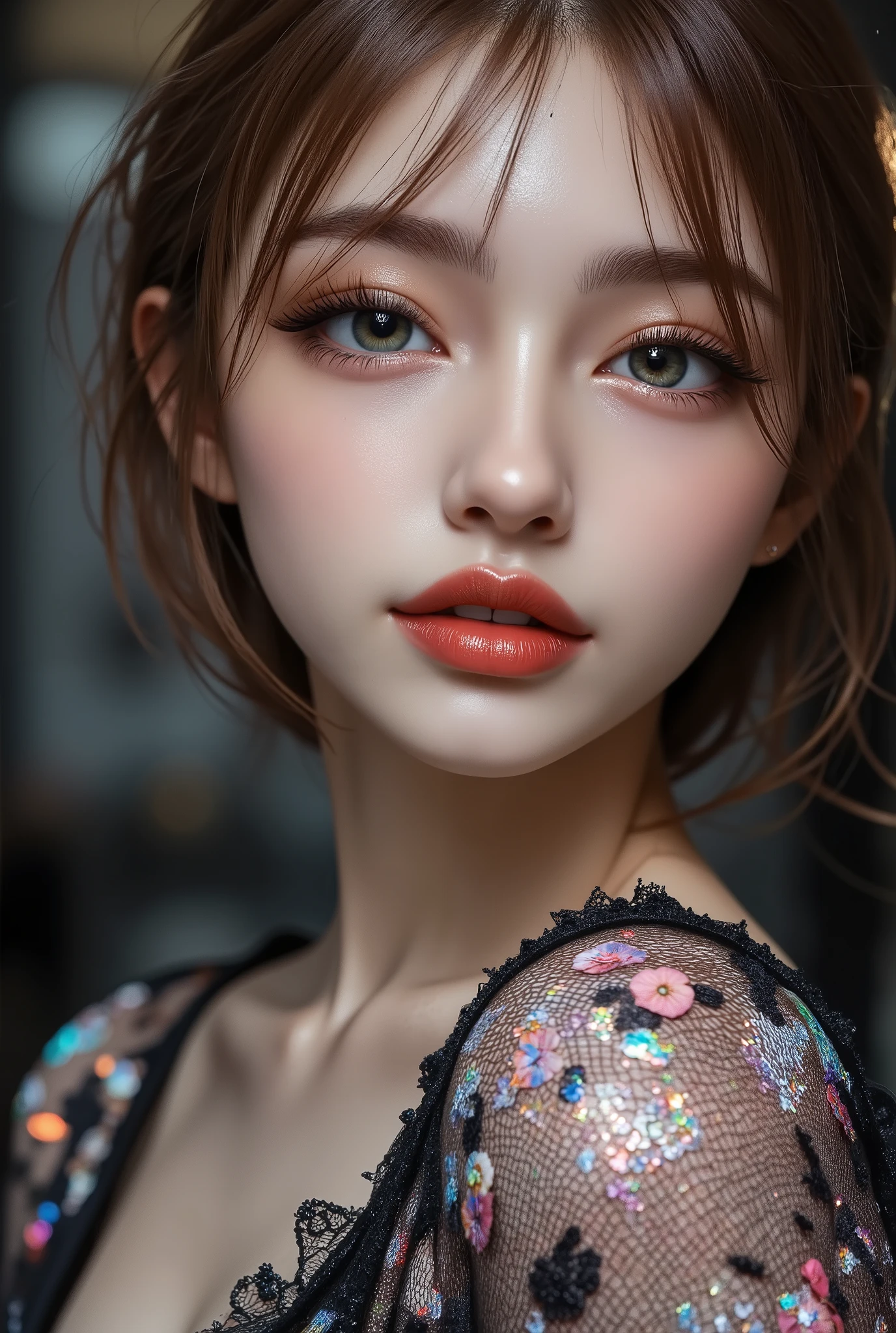 Realistic ((Photorealistic realism)), Hyper high resolution, ((Hyper insanel quality, epice masterciece, intricately detailed digital art)),((focus on extremely Realistic Proportion Body:1.3)),(portrait),((a cute and very beautiful, yung, 1 Japanese, 18yo, famous Kpop idol:1.35)), (ultra realistic texture details: velvety skin, hair), ((sharp focus, no blurry eyes, Hyper absurd quality, Hyper details,Hyper realistic green_eyes:1.4)),((extra narrow eyebrows)),(Carefully draw Long blue_mascara:1.33),(perfect round eyes), (finely detailed pupils, (extremely fine details pupils)), detailed lips:1.3, (apply glossy red_lipstick:1.3), (perfect proportions:1.2), (holographic little bodysuit((lace fishnets, mesh stocking:1.25, intricately detailed:1.33))), (((she is the embodiment of beauty and allure, Dressed in a breathtaking and sophisticated floral bodysuit, elegant and sophisticated fashion:1.2), floral couture, clothes made of flower:1.33)), (short blonde stylish hair, ((slicked to the side:1.3)), extreme details:1.35)), dslr, high quality split lighting, sharp focus captured by Fujifilm XT3, f 5.6,(perfect composition),((look at the viewer)), HDR, UHD, studio lighting, physically-based rendering, vivid colors,
