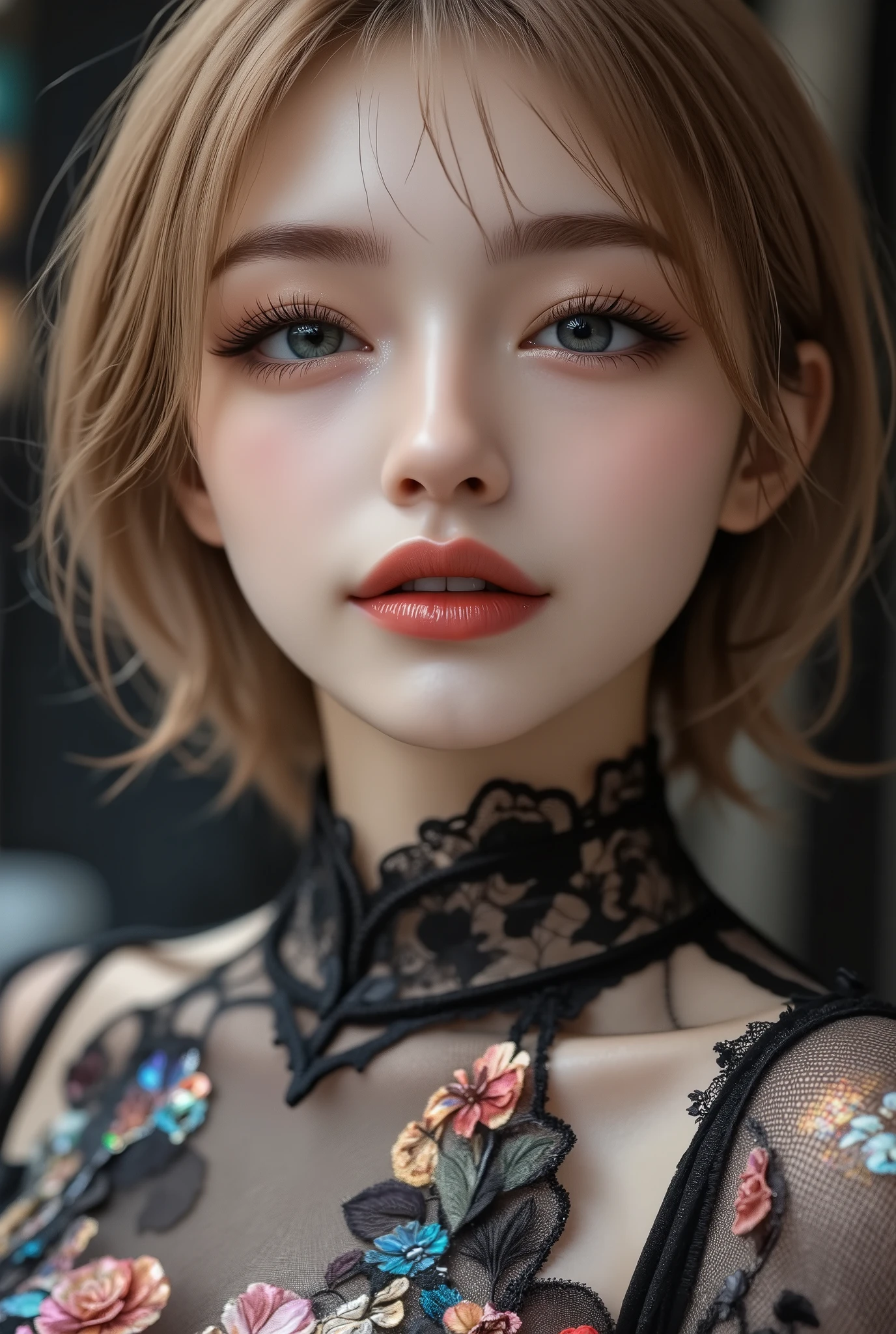 Realistic ((Photorealistic realism)), Hyper high resolution, ((Hyper insanel quality, epice masterciece, intricately detailed digital art)),((focus on extremely Realistic Proportion Body:1.3)),(portrait),((a cute and very beautiful, yung, 1 Japanese, 18yo, famous Kpop idol:1.35)), (ultra realistic texture details: velvety skin, hair), ((sharp focus, no blurry eyes, Hyper absurd quality, Hyper details,Hyper realistic green_eyes:1.4)),((extra narrow eyebrows)),(Carefully draw Long blue_mascara:1.33),(perfect round eyes), (finely detailed pupils, (extremely fine details pupils)), detailed lips:1.3, (apply glossy red_lipstick:1.3), (perfect proportions:1.2), (holographic little bodysuit((lace fishnets, mesh stocking:1.25, intricately detailed:1.33))), (((she is the embodiment of beauty and allure, Dressed in a breathtaking and sophisticated floral bodysuit, elegant and sophisticated fashion:1.2), floral couture, clothes made of flower:1.33)), (short blonde stylish hair, ((slicked to the side:1.3)), extreme details:1.35)), dslr, high quality split lighting, sharp focus captured by Fujifilm XT3, f 5.6,(perfect composition),((look at the viewer)), HDR, UHD, studio lighting, physically-based rendering, vivid colors,