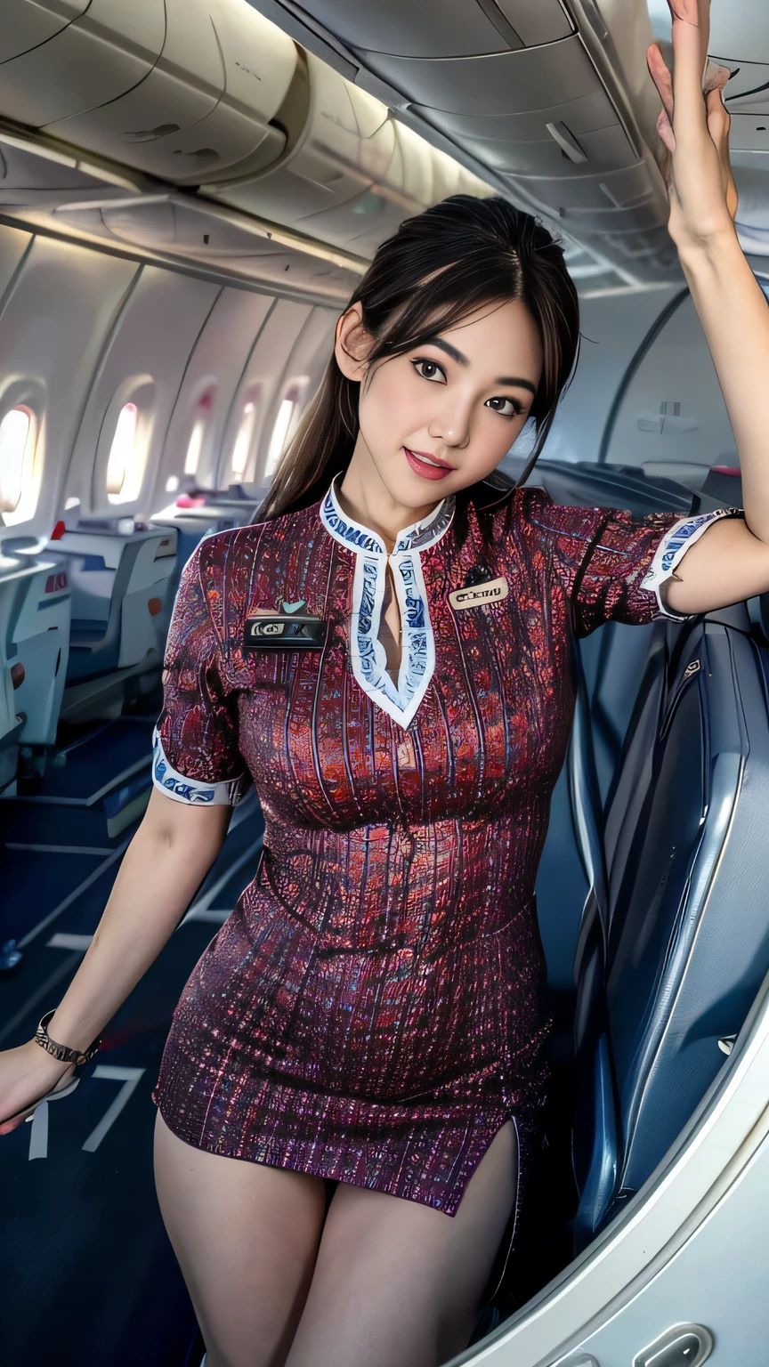 Highest quality, masterpiece, 8K, Ultra-high resolution, (Photorealistic:1.4), One Girl、Beautiful Face、Symmetrical eyes、huge 、Perfect Body Proportions、(Stewardess Uniform)、Look at the viewers、(Inside the plane:1.2)、View from the front、shoulder、Angle from below、View from below、Thigh Emphasis、Cleavage、Seductive pose、Pink lace panties、that,Cabin attendant