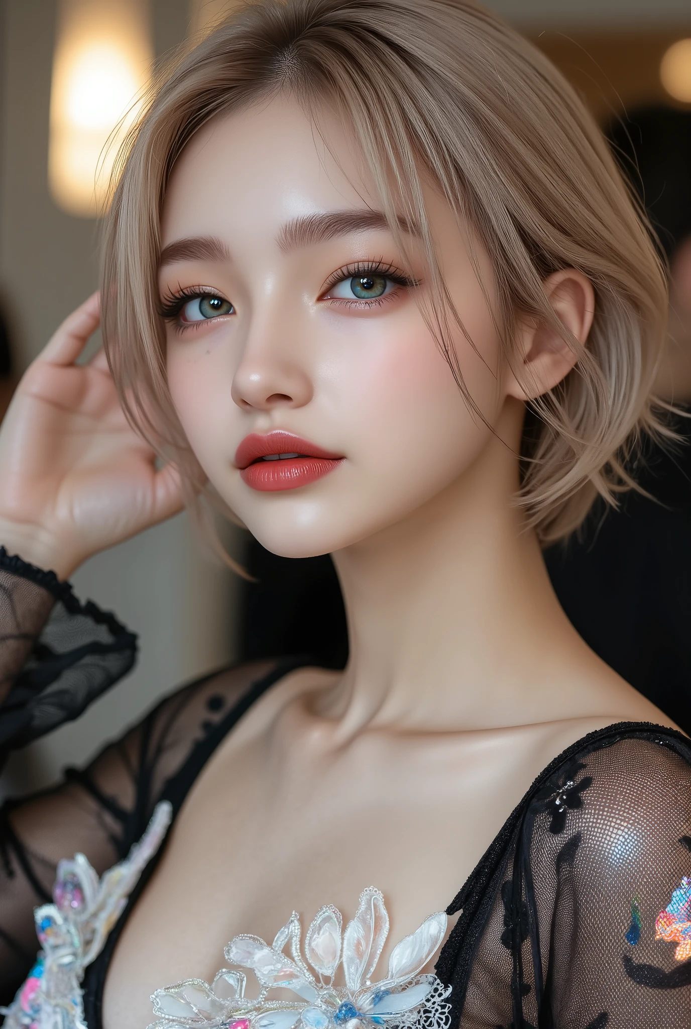 Realistic ((Photorealistic realism)), Hyper high resolution, ((Hyper insanel quality, epice masterciece, intricately detailed digital art)),((focus on extremely Realistic Proportion Body:1.3)),(portrait),((a cute and very beautiful, yung, 1 Japanese, 18yo, famous Kpop idol:1.35)), (ultra realistic texture details: velvety skin, hair), ((sharp focus, no blurry eyes, Hyper absurd quality, Hyper details,Hyper realistic green_eyes:1.4)),((extra narrow eyebrows)),(Carefully draw Long blue_mascara:1.33),(perfect round eyes), (finely detailed pupils, (extremely fine details pupils)), detailed lips:1.3, (apply glossy red_lipstick:1.3), (perfect proportions:1.2), (holographic little bodysuit((lace fishnets, mesh stocking:1.25, intricately detailed:1.33))), (((she is the embodiment of beauty and allure, Dressed in a breathtaking and sophisticated floral bodysuit, elegant and sophisticated fashion:1.2), floral couture, clothes made of flower:1.33)), (short blonde stylish hair, ((slicked to the side:1.3)), extreme details:1.35)), dslr, high quality split lighting, sharp focus captured by Fujifilm XT3, f 5.6,(perfect composition),((look at the viewer)), HDR, UHD, studio lighting, physically-based rendering, vivid colors,