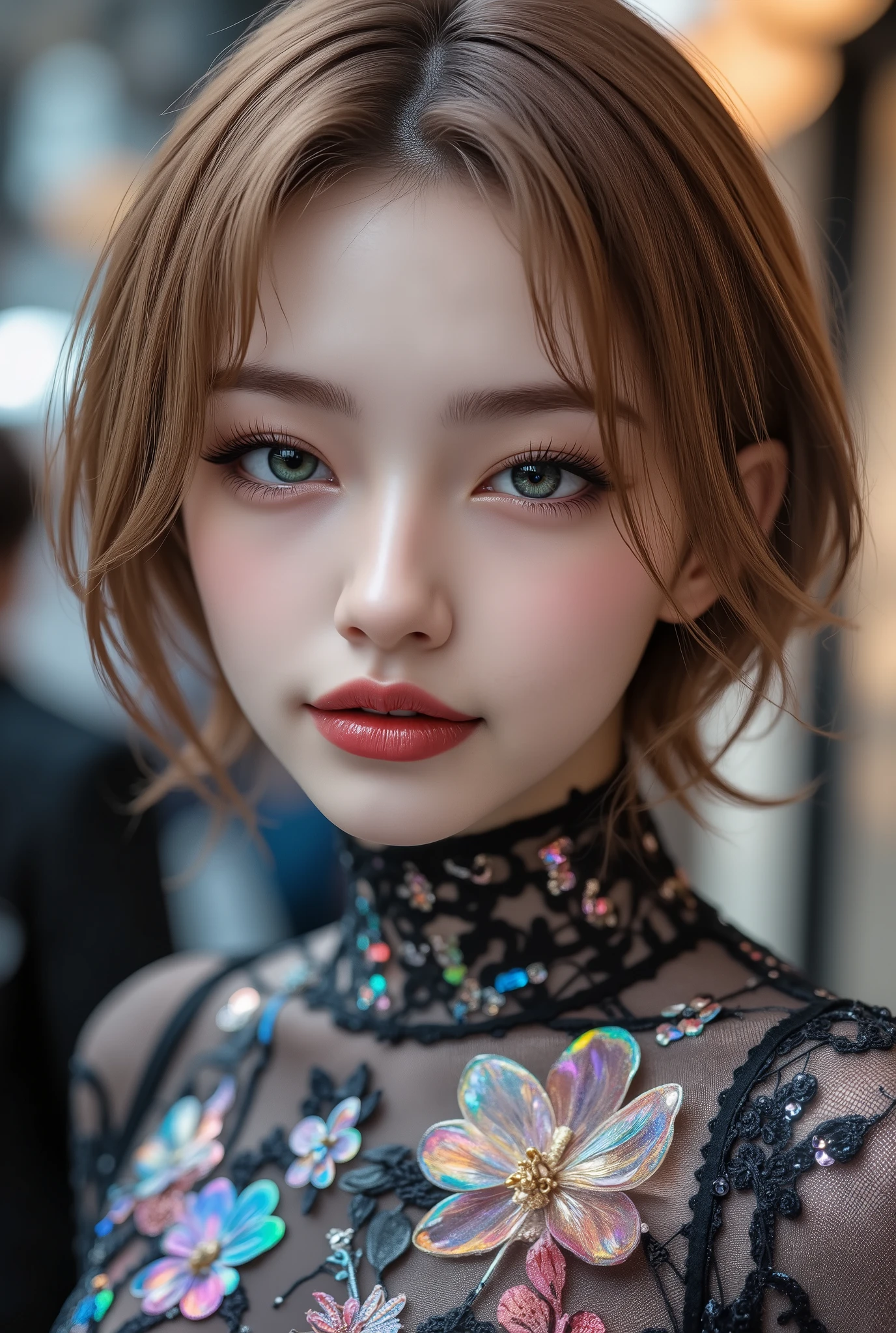 Realistic ((Photorealistic realism)), Hyper high resolution, ((Hyper insanel quality, epice masterciece, intricately detailed digital art)),((focus on extremely Realistic Proportion Body:1.3)),(portrait),((a cute and very beautiful, yung, 1 Japanese, 18yo, famous Kpop idol:1.35)), (ultra realistic texture details: velvety skin, hair), ((sharp focus, no blurry eyes, Hyper absurd quality, Hyper details,Hyper realistic green_eyes:1.4)),((extra narrow eyebrows)),(Carefully draw Long blue_mascara:1.33),(perfect round eyes), (finely detailed pupils, (extremely fine details pupils)), detailed lips:1.3, (apply glossy red_lipstick:1.3), (perfect proportions:1.2), (holographic little bodysuit((lace fishnets, mesh stocking:1.25, intricately detailed:1.33))), (((she is the embodiment of beauty and allure, Dressed in a breathtaking and sophisticated floral bodysuit, elegant and sophisticated fashion:1.2), floral couture, clothes made of flower:1.33)), (short blonde stylish hair, ((slicked to the side:1.3)), extreme details:1.35)), dslr, high quality split lighting, sharp focus captured by Fujifilm XT3, f 5.6,(perfect composition),((look at the viewer)), HDR, UHD, studio lighting, physically-based rendering, vivid colors,