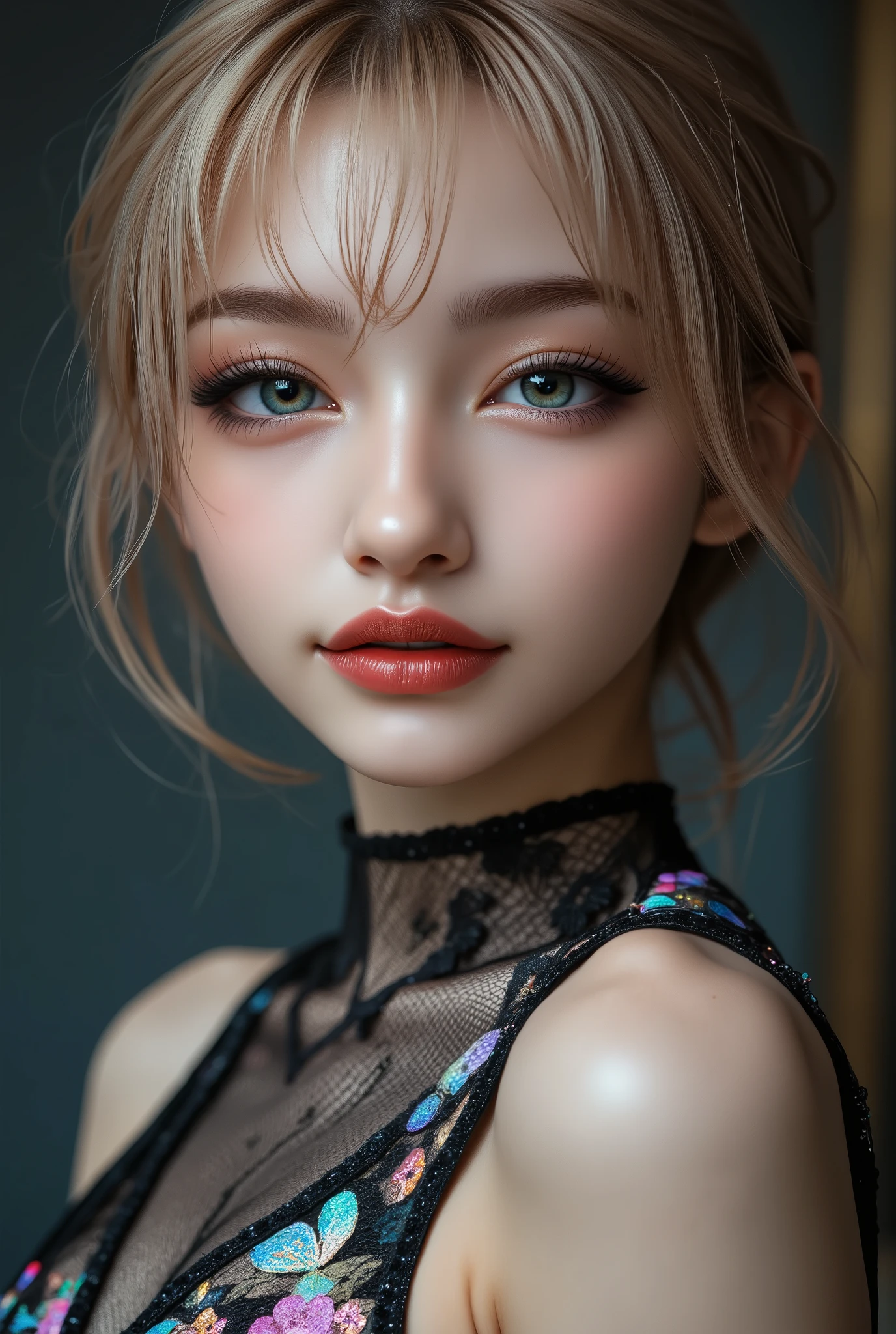 Realistic ((Photorealistic realism)), Hyper high resolution, ((Hyper insanel quality, epice masterciece, intricately detailed digital art)),((focus on extremely Realistic Proportion Body:1.3)),(portrait),((a cute and very beautiful, yung, 1 Japanese, 18yo, famous Kpop idol:1.35)), (ultra realistic texture details: velvety skin, hair), ((sharp focus, no blurry eyes, Hyper absurd quality, Hyper details,Hyper realistic green_eyes:1.4)),((extra narrow eyebrows)),(Carefully draw Long blue_mascara:1.33),(perfect round eyes), (finely detailed pupils, (extremely fine details pupils)), detailed lips:1.3, (apply glossy red_lipstick:1.3), (perfect proportions:1.2), (holographic little bodysuit((lace fishnets, mesh stocking:1.25, intricately detailed:1.33))), (((she is the embodiment of beauty and allure, Dressed in a breathtaking and sophisticated floral bodysuit, elegant and sophisticated fashion:1.2), floral couture, clothes made of flower:1.33)), (short blonde stylish hair, ((slicked to the side:1.3)), extreme details:1.35)), dslr, high quality split lighting, sharp focus captured by Fujifilm XT3, f 5.6,(perfect composition),((look at the viewer)), HDR, UHD, studio lighting, physically-based rendering, vivid colors,