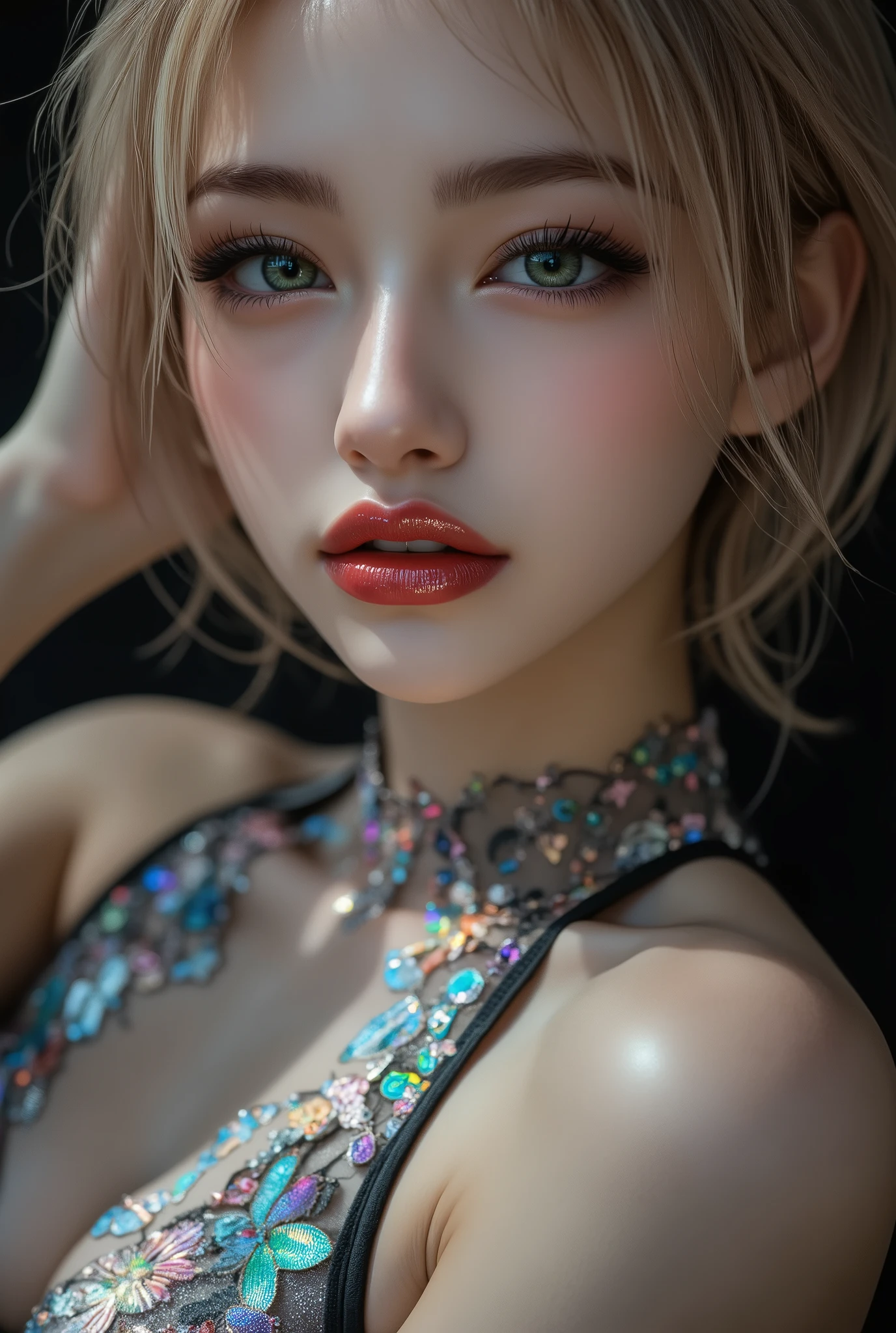 Realistic ((Photorealistic realism)), Hyper high resolution, ((Hyper insanel quality, epice masterciece, intricately detailed digital art)),((focus on extremely Realistic Proportion Body:1.3)),(portrait),((a cute and very beautiful, yung, 1 Japanese, 18yo, famous Kpop idol:1.35)), (ultra realistic texture details: velvety skin, hair), ((sharp focus, no blurry eyes, Hyper absurd quality, Hyper details,Hyper realistic green_eyes:1.4)),((extra narrow eyebrows)),(Carefully draw Long blue_mascara:1.33),(perfect round eyes), (finely detailed pupils, (extremely fine details pupils)), detailed lips:1.3, (apply glossy red_lipstick:1.3), (perfect proportions:1.2), (holographic little bodysuit((lace fishnets, mesh stocking:1.25, intricately detailed:1.33))), (((she is the embodiment of beauty and allure, Dressed in a breathtaking and sophisticated floral bodysuit, elegant and sophisticated fashion:1.2), floral couture, clothes made of flower:1.33)), (short blonde stylish hair, ((slicked to the side:1.3)), extreme details:1.35)), dslr, high quality split lighting, sharp focus captured by Fujifilm XT3, f 5.6,(perfect composition),((look at the viewer)), HDR, UHD, studio lighting, physically-based rendering, vivid colors,
