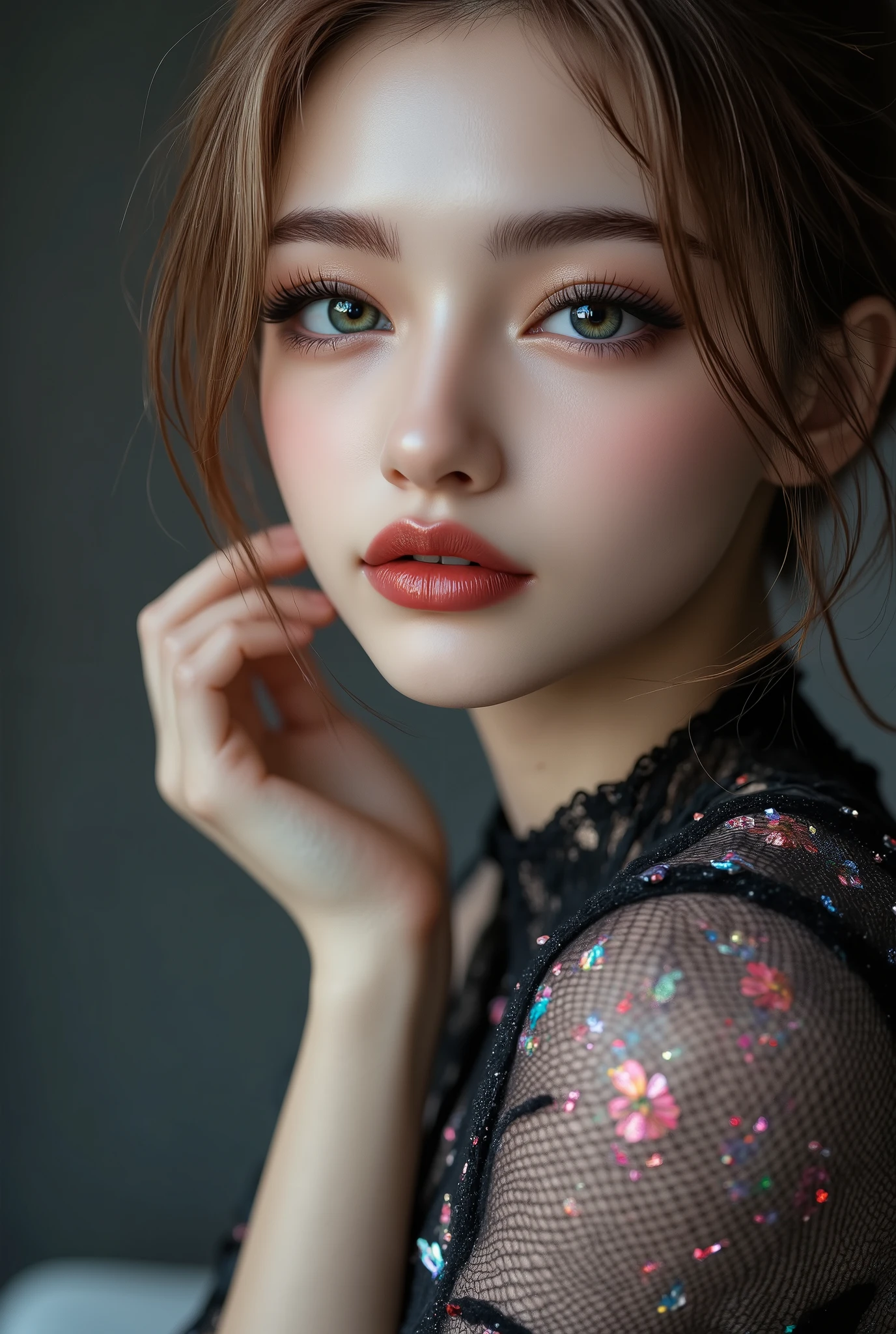 Realistic ((Photorealistic realism)), Hyper high resolution, ((Hyper insanel quality, epice masterciece, intricately detailed digital art)),((focus on extremely Realistic Proportion Body:1.3)),(portrait),((a cute and very beautiful, yung, 1 Japanese, 18yo, famous Kpop idol:1.35)), (ultra realistic texture details: velvety skin, hair), ((sharp focus, no blurry eyes, Hyper absurd quality, Hyper details,Hyper realistic green_eyes:1.4)),((extra narrow eyebrows)),(Carefully draw Long blue_mascara:1.33),(perfect round eyes), (finely detailed pupils, (extremely fine details pupils)), detailed lips:1.3, (apply glossy red_lipstick:1.3), (perfect proportions:1.2), (holographic little bodysuit((lace fishnets, mesh stocking:1.25, intricately detailed:1.33))), (((she is the embodiment of beauty and allure, Dressed in a breathtaking and sophisticated floral bodysuit, elegant and sophisticated fashion:1.2), floral couture, clothes made of flower:1.33)), (short blonde stylish hair, ((slicked to the side:1.3)), extreme details:1.35)), dslr, high quality split lighting, sharp focus captured by Fujifilm XT3, f 5.6,(perfect composition),((look at the viewer)), HDR, UHD, studio lighting, physically-based rendering, vivid colors,