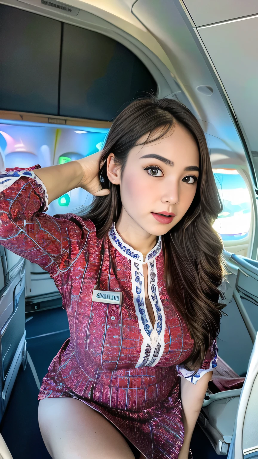 Highest quality, masterpiece, 8K, Ultra-high resolution, (Photorealistic:1.4), One Girl、Beautiful Face、Symmetrical eyes、huge 、Perfect Body Proportions、(Stewardess Uniform)、Look at the viewers、(Inside the plane:1.2)、View from the front、shoulder、Angle from below、View from below、Thigh Emphasis、Cleavage、Seductive pose、Pink lace panties、that,Cabin attendant