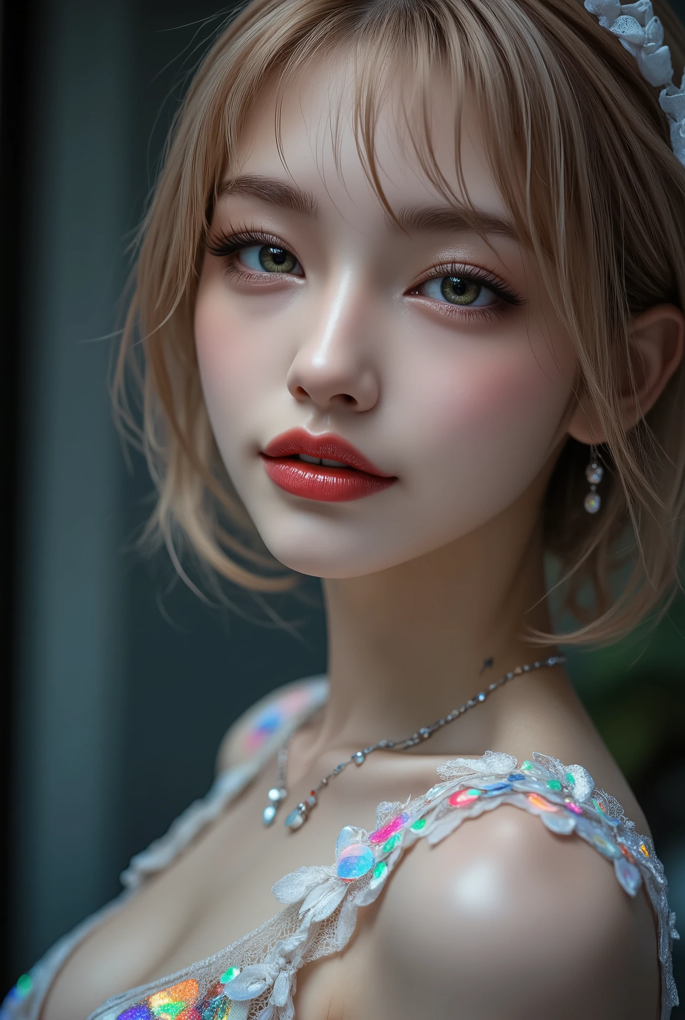 Realistic ((Photorealistic realism)), Hyper high resolution, ((Hyper insanel quality, epice masterciece, intricately detailed digital art)),((focus on extremely Realistic Proportion Body:1.3)),(portrait),((a cute and very beautiful, yung, 1 Japanese, 18yo, famous Kpop idol:1.35)), (ultra realistic texture details: velvety skin, hair), ((sharp focus, no blurry eyes, Hyper absurd quality, Hyper details,Hyper realistic green_eyes:1.4)),((extra narrow eyebrows)),(Carefully draw Long blue_mascara:1.33),(perfect round eyes), (finely detailed pupils, (extremely fine details pupils)), detailed lips:1.3, (apply glossy red_lipstick:1.3), (perfect proportions:1.2), (holographic little bodysuit((lace fishnets, mesh stocking:1.25, intricately detailed:1.33))), (((she is the embodiment of beauty and allure, Dressed in a breathtaking and sophisticated floral bodysuit, elegant and sophisticated fashion:1.2), floral couture, clothes made of flower:1.33)), (short blonde stylish hair, ((slicked to the side:1.3)), extreme details:1.35)), dslr, high quality split lighting, sharp focus captured by Fujifilm XT3, f 5.6,(perfect composition),((look at the viewer)), HDR, UHD, studio lighting, physically-based rendering, vivid colors,