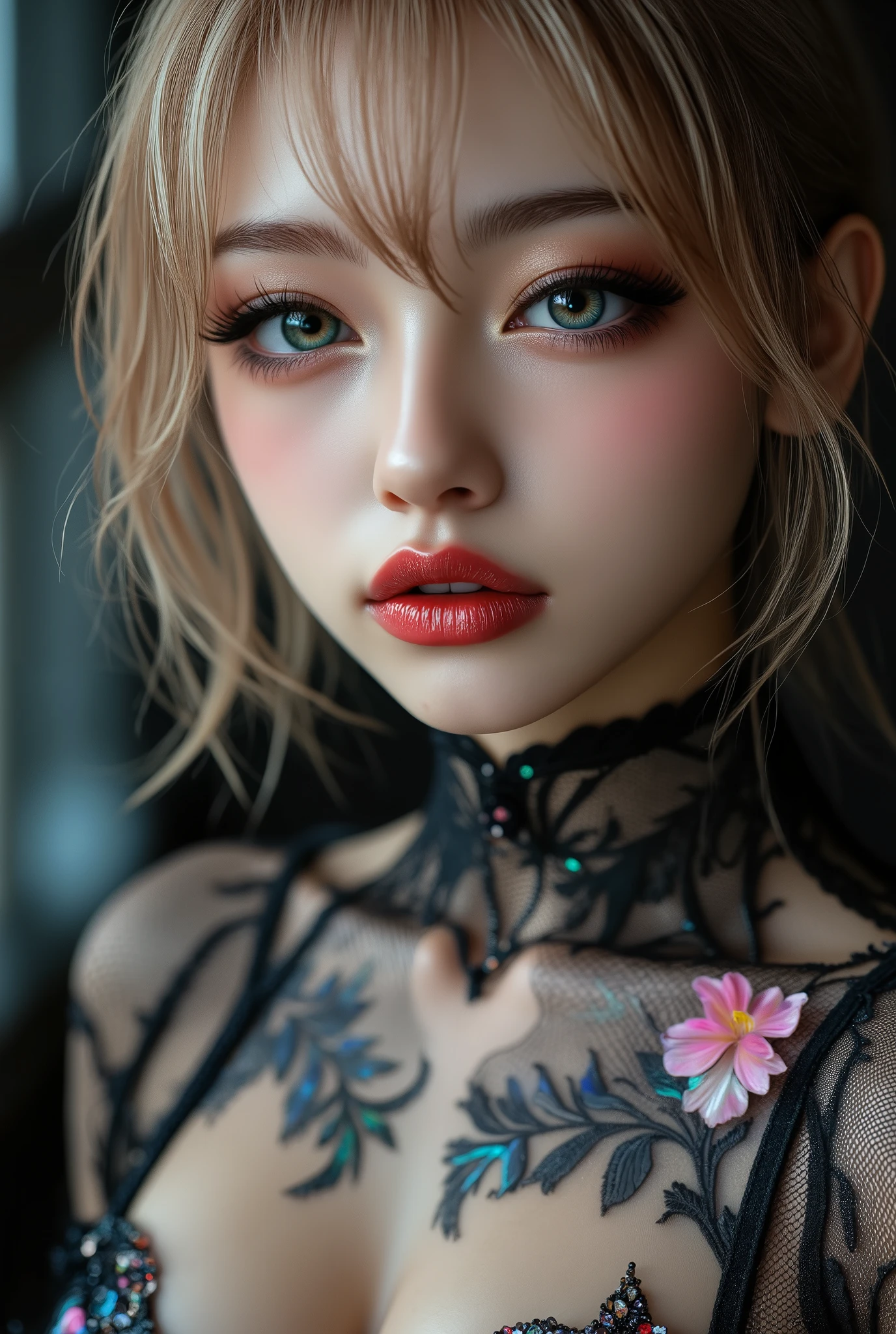 Realistic ((Photorealistic realism)), Hyper high resolution, ((Hyper insanel quality, epice masterciece, intricately detailed digital art)),((focus on extremely Realistic Proportion Body:1.3)),(portrait),((a cute and very beautiful, yung, 1 Japanese, 18yo, famous Kpop idol:1.35)), (ultra realistic texture details: velvety skin, hair), ((sharp focus, no blurry eyes, Hyper absurd quality, Hyper details,Hyper realistic green_eyes:1.4)),((extra narrow eyebrows)),(Carefully draw Long blue_mascara:1.33),(perfect round eyes), (finely detailed pupils, (extremely fine details pupils)), detailed lips:1.3, (apply glossy red_lipstick:1.3), (perfect proportions:1.2), (holographic little bodysuit((lace fishnets, mesh stocking:1.25, intricately detailed:1.33))), (((she is the embodiment of beauty and allure, Dressed in a breathtaking and sophisticated floral bodysuit, elegant and sophisticated fashion:1.2), floral couture, clothes made of flower:1.33)), (short blonde stylish hair, ((slicked to the side:1.3)), extreme details:1.35)), dslr, high quality split lighting, sharp focus captured by Fujifilm XT3, f 5.6,(perfect composition),((look at the viewer)), HDR, UHD, studio lighting, physically-based rendering, vivid colors,