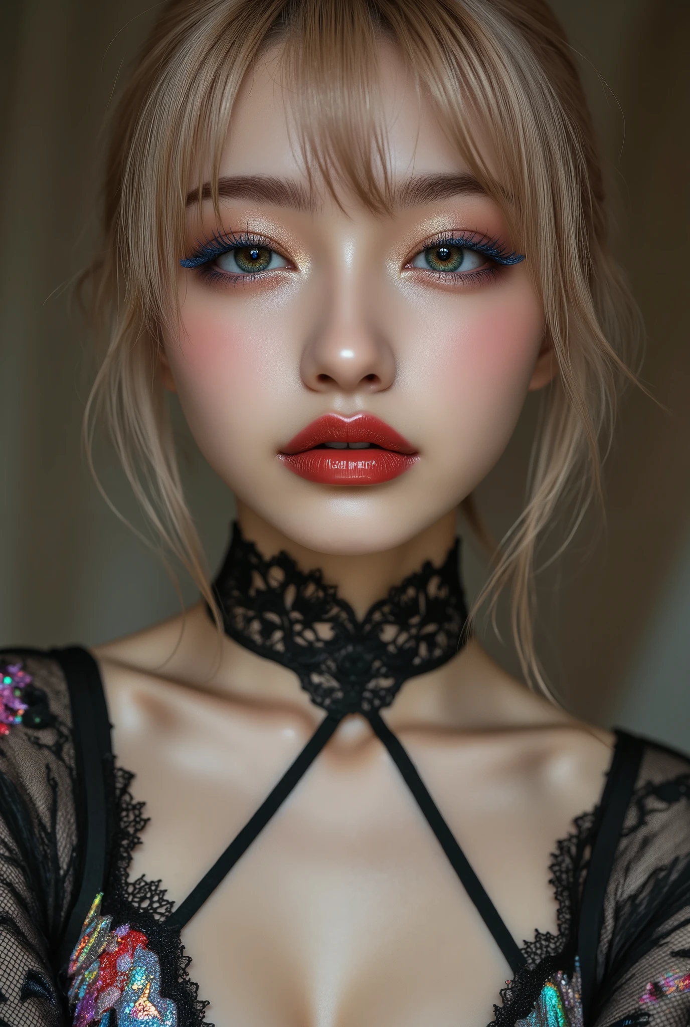 Realistic ((Photorealistic realism)), Hyper high resolution, ((Hyper insanel quality, epice masterciece, intricately detailed digital art)),((focus on extremely Realistic Proportion Body:1.3)),(portrait),((a cute and very beautiful, yung, 1 Japanese, 18yo, famous Kpop idol:1.35)), (ultra realistic texture details: velvety skin, hair), ((sharp focus, no blurry eyes, Hyper absurd quality, Hyper details,Hyper realistic green_eyes:1.4)),((extra narrow eyebrows)),(Carefully draw Long blue_mascara:1.33),(perfect round eyes), (finely detailed pupils, (extremely fine details pupils)), detailed lips:1.3, (apply glossy red_lipstick:1.3), (perfect proportions:1.2), (holographic little bodysuit((lace fishnets, mesh stocking:1.25, intricately detailed:1.33))), (((she is the embodiment of beauty and allure, Dressed in a breathtaking and sophisticated floral bodysuit, elegant and sophisticated fashion:1.2), floral couture, clothes made of flower:1.33)), (short blonde stylish hair, ((slicked to the side:1.3)), extreme details:1.35)), dslr, high quality split lighting, sharp focus captured by Fujifilm XT3, f 5.6,(perfect composition),((look at the viewer)), HDR, UHD, studio lighting, physically-based rendering, vivid colors,