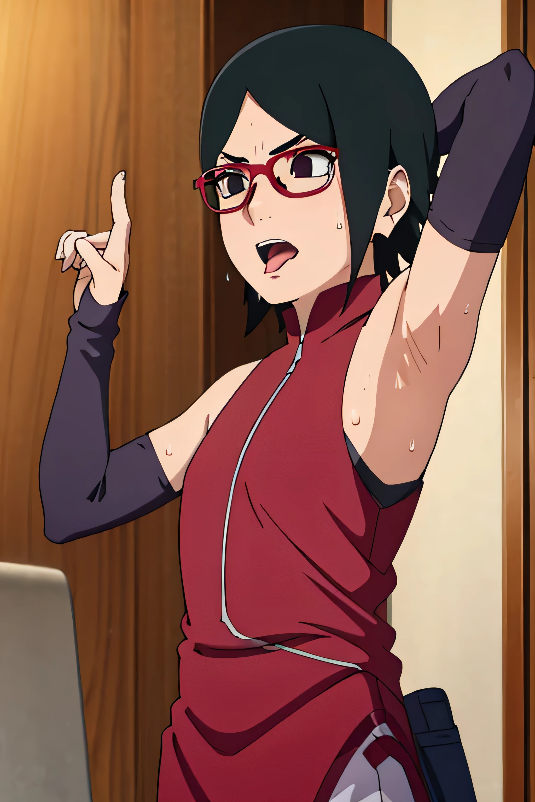 Sarada Uchiha,human woman with fair skin. She is a r with black eyes and red clothing. Her hair is black in color; She is beautiful.Wearing red rimmed glasses.Tsundere face. Pink eye shading,mature appearance,armpits,sweat,sweaty,sweaty armpits,arms up,showing armpits,awesome armpits,outfit,blackish red arm warmers,maroon arm bands,maroon arm warmers,showing tongue,tongue out