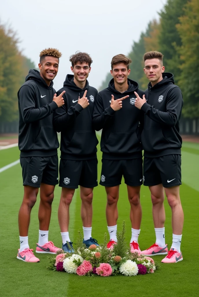 3 boys, one with straight white hair wearing a Barcelona Nike shirt and the other boy with short curly hair wearing a Real Madrid Adidas shirt and the other boy with short curly hair wearing a white Nike shirt 