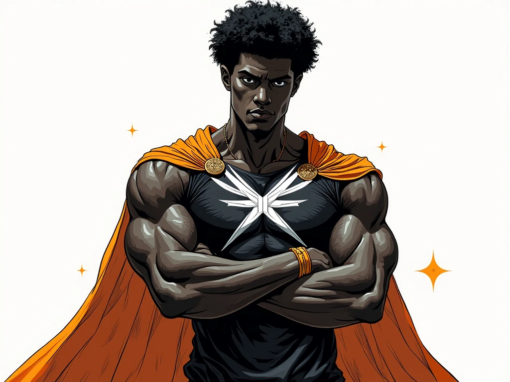 Create an image of a black ninja after an apocalypse in the future afro hair falling forward, Rasta type but braided,tiro de corpo inteiro, tiro de corpo inteiro, , Lightning in the sky, arms extended, olhando para frente, parado no topo de uma montanha, manto e capa vermelhos, cruz brilhante no ar. ,Arte Luz Neon, no escuro da noite, Um navio alto navega pelos mares iluminados pela ,......lua, estrelas, Colouring, circunstanciado, 4k