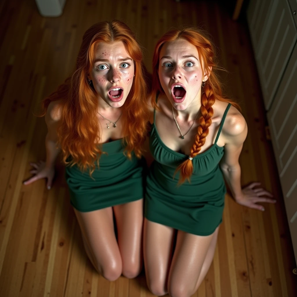 ginger girl, medium shot, pigtail, on her knees, instant cumshot