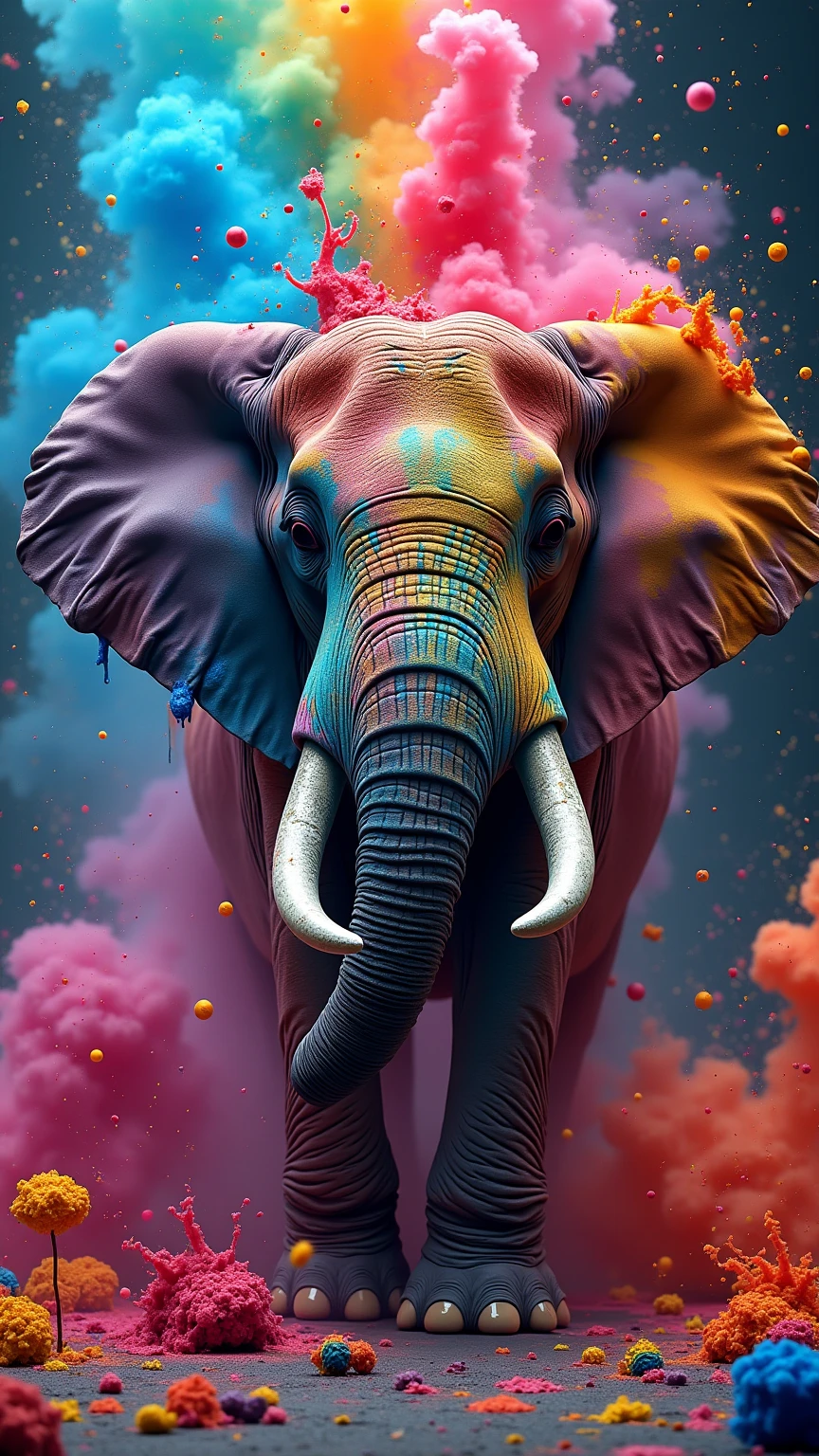 An elephant several positions. Pintura estilo: "impressionismo", com cores vibrantes bem definidas em 8K.