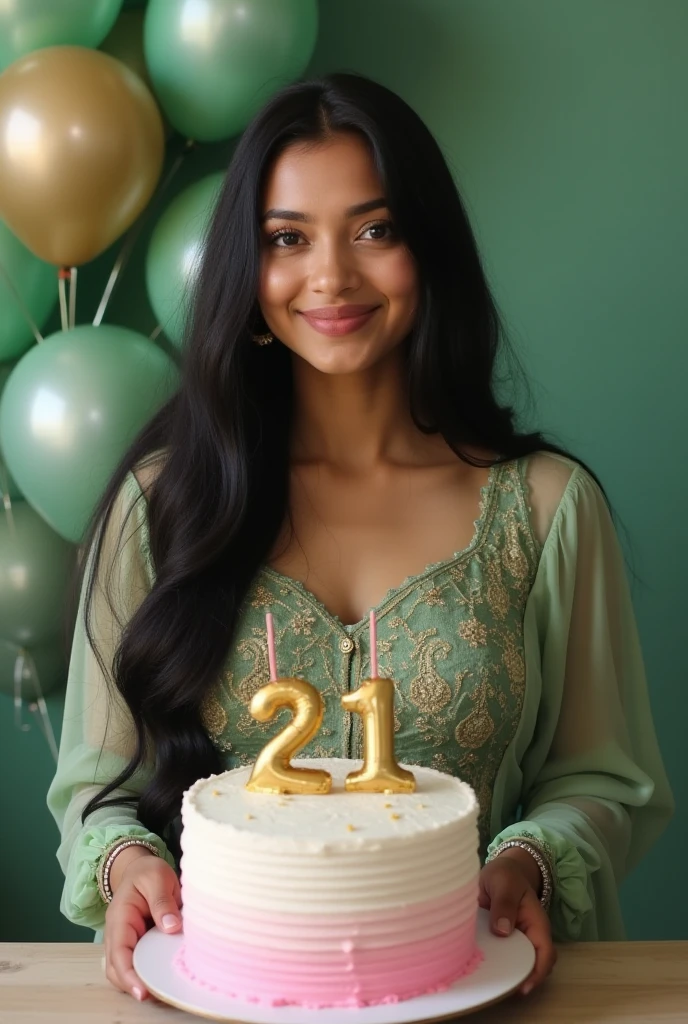 Create a 3d image in which a Indian girl cutting Cake wearing GREEN color FROCK with Name "SOWMYA" is written clearly on the Cake and 24 year candle burning on the cake, image features with birthday decorated view realistic image