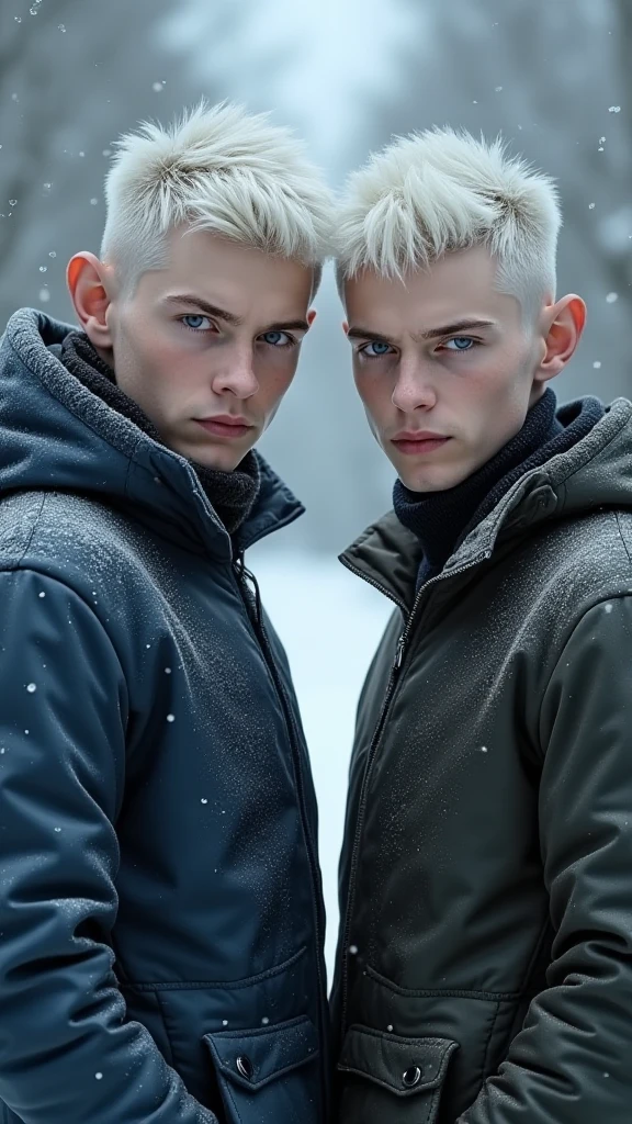 Best Quality, Masterpiece, super high resolution, two blonde boys (German20 years old, aspects of greek gods, one with green eyes and the other with light blue eyes, mischievous lip smile, intense look, white winter clothes (realism:1.5), deep shadows, low key, cold light