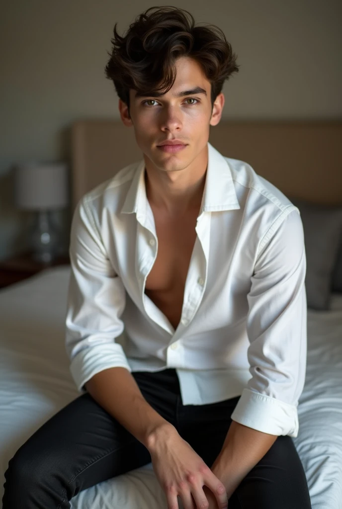 makes an image of a white man with a model's body, at 3, with short hair, blue colored eyes, nightshirt, boxers pretos, lying on a bed with his hand touching his ass