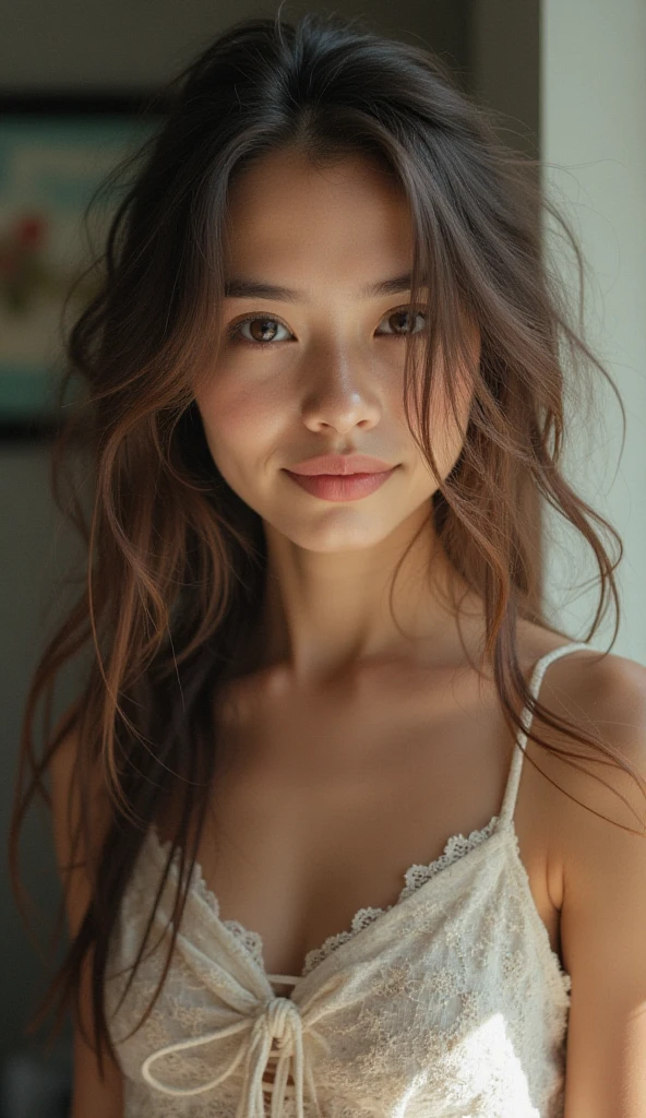 Create a hyper-realistic portrait of a sensual brunette named Alice. She has rich, dark brown hair that cascades in soft waves, and deep, expressive brown eyes. Her skin is smooth and glowing, with a natural, radiant complexion. Alice is wearing a chic, sophisticated outfit that accentuates her allure, and the background is softly blurred to keep the focus on her. The lighting is gentle and flattering, highlighting her features and creating a captivating, elegant atmosphere.