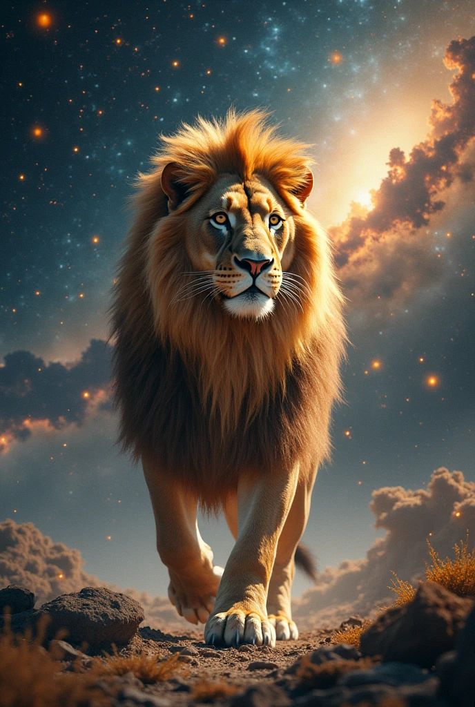 He designed for me a luxurious, compact and beautiful picture of a lion walking in the space between the stars