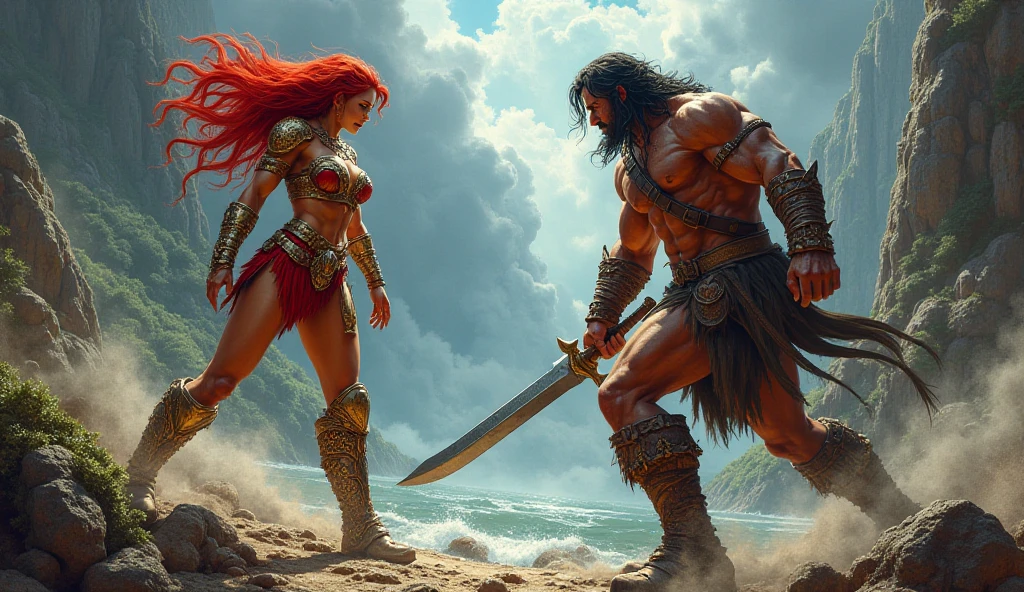 Conan and Sonja united against the Turanian army, Epic Battle, suados, respingo de sangue,(cena detalhada, cinematografic)cena inspirada no Cerco da Makalet,art John Buscema,Ernie Chan