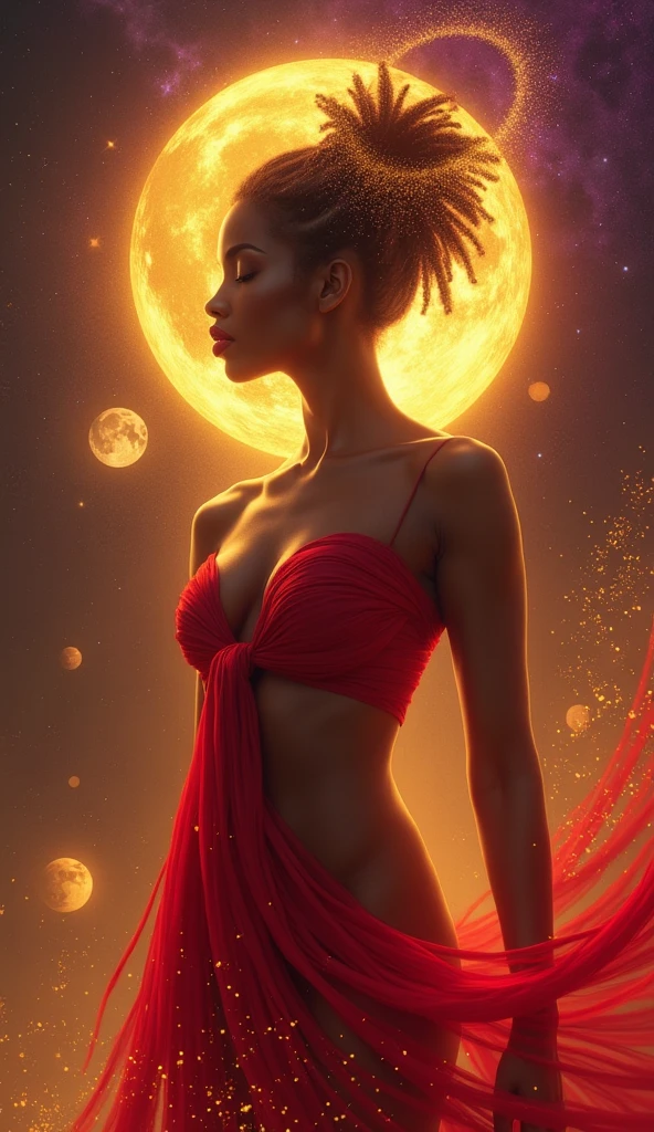 " Create an artistic and spiritual image in shades of gold ,  red and purple,  with a black woman alone ,  with a beautiful and harmonious body ,  using only a red dental floss .  She is in a confident and serene pose , with her breasts exposed,  transmitting naturalness and empowerment .  The scene takes place in a spiritual setting , with a starry sky in the background, planets and nebulae ,  and a golden light shining on her ,  symbolizing the connection with the divine .   Brilliant particles and spirals of energy surround your body ,  representing The influence of sexual energy in creativity and prosperity.  The style is realistic and modern ,  with futuristic and vibrant touches , maintaining a vulgar tone."