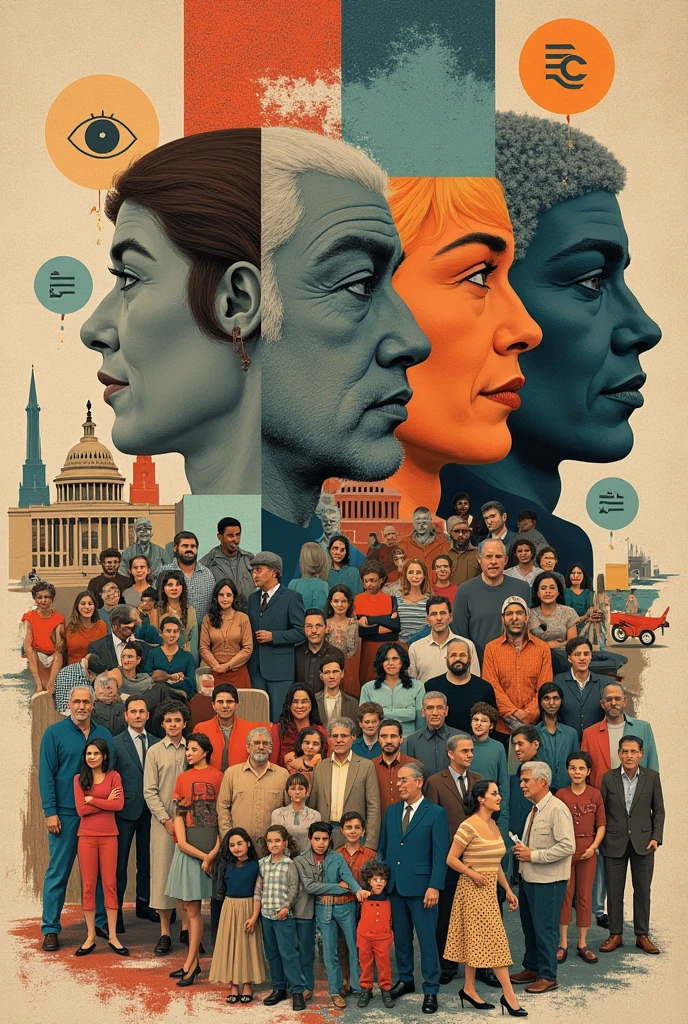 Absolute grotesque variety, free hyper-emotional self-expression in relation to infinite precise pictorial collage of his different portraits in different styles, use his imagination, evenly mix 50 women, men, elderly and elderly of all ages and races in the same proportions, Europeans and Africans, Latinos and Asians, all faces and images should be different, Use the full spectrum of their different emotions, From happiness to anger, do what you want and how you want, men and women do not forget them, but keep the balance of variety