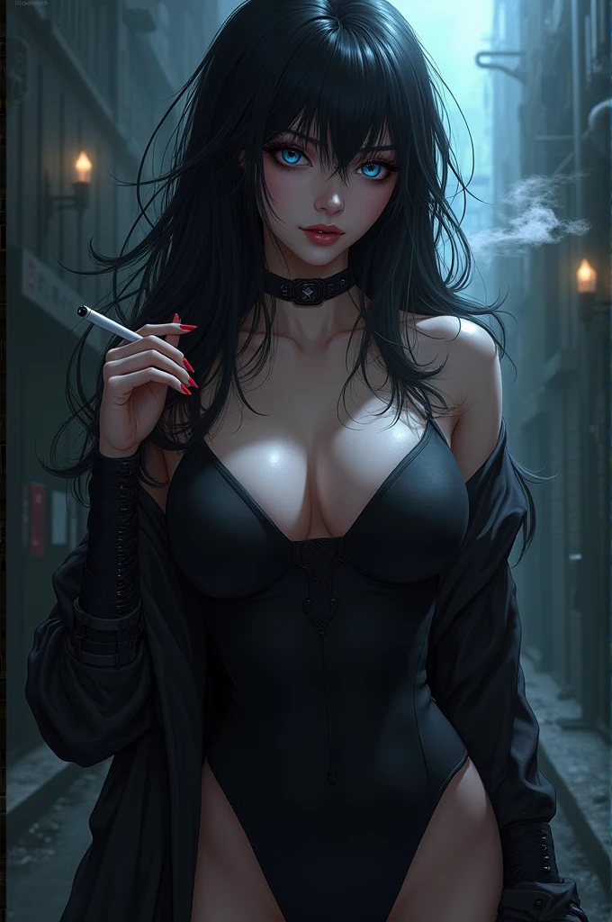 An older woman, punk hair style, medium black hair with a blue streak, blue in hair, blue eyes, clear skin, wearing make-up, medium breasts, fangs, vampire, wearing a black leather jacket, wearing a small white top, black fingerless gloves, holding a deck of tarot cards, sitting at table, dim lighting, night time, inside a tavern, tarot cards on table
