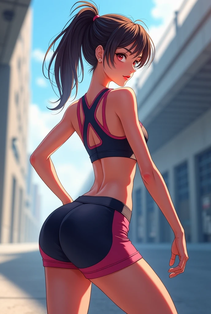 brown hair, long hair, glasses, nose, white gym shirt, red_tight_biker_shorts_White_high_cut_thong_over_shorts, black high socks, shoes, medium breasts, wallpaper, luscious lips,view from behind, standing, 90’s photo shoot, looking at viewer, evil smirking, tongue out, firm ass, athletic babe, abs, hands behind her back, high quality,