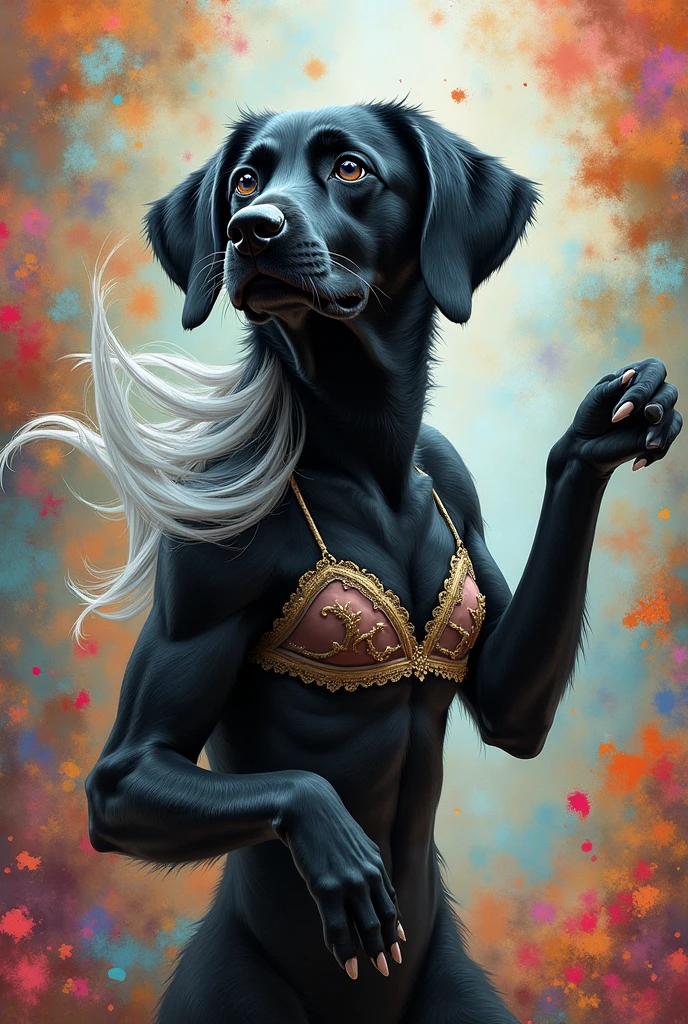 (anthro Dog:1.5), (doberman:1.4), (short tail:0.6), muscular body, small breasts, (white slightly transparent mini dress:1.6), (filigree gold bracelet:0.9), (full body view:2.1), toothy smilie, (arched back+dancing:1.7), light blonde long curly hair, (black background:0.7), detailed skin texture, 24k resolution, highly detailed, (red eyes:0.9), (natural front light:0.5), (realistic style:1.8), masterpiece