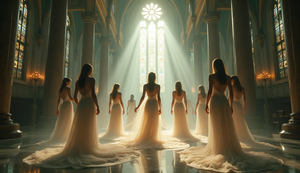 In a place like a church、Twelve beautiful girls are gathered together。