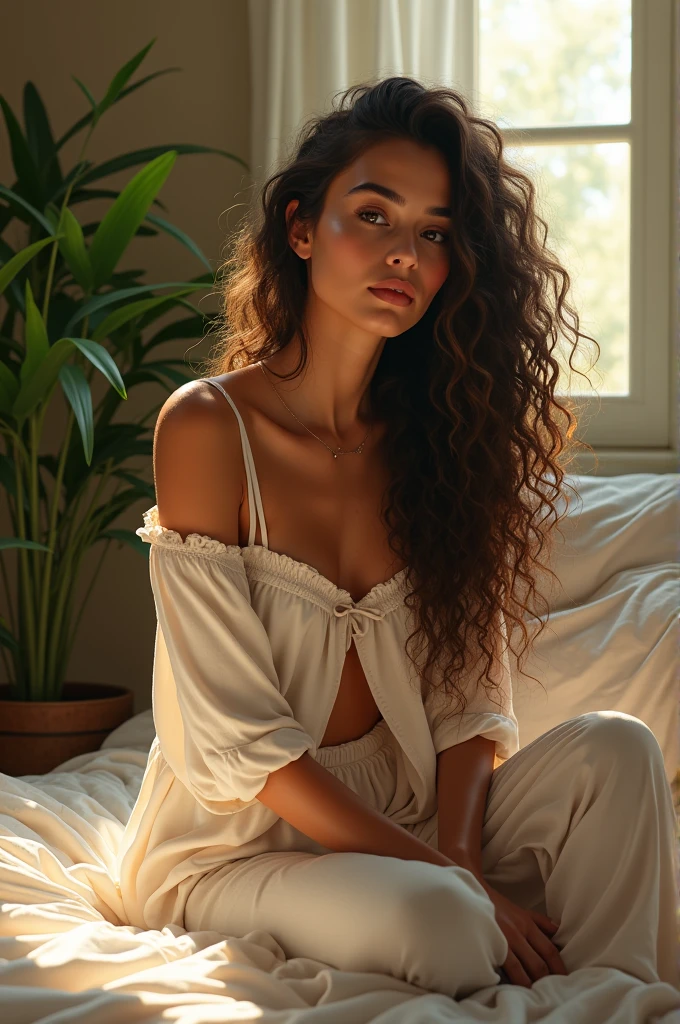(photorealism:1.2), beautiful woman, sitting on bed, wearing loose off-shoulder top, pajama pants, long curly hair, indoors, soft lighting, plants in background, window with sunlight, cozy room, relaxed pose, realistic, intricate details, warm colors, by Greg Rutkowski, by Alphonse Mucha