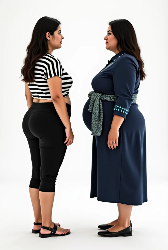 Araped woman wearing an orange shirt standing next to another woman wearing black shorts, Full body wide shot, full body photo, full body photo, Short and sturdy woman, The picture is large, fat ), full body photo, full body photo, full body image, overweight, full body shot, fat 여자, Overall - body and head view, an fat
