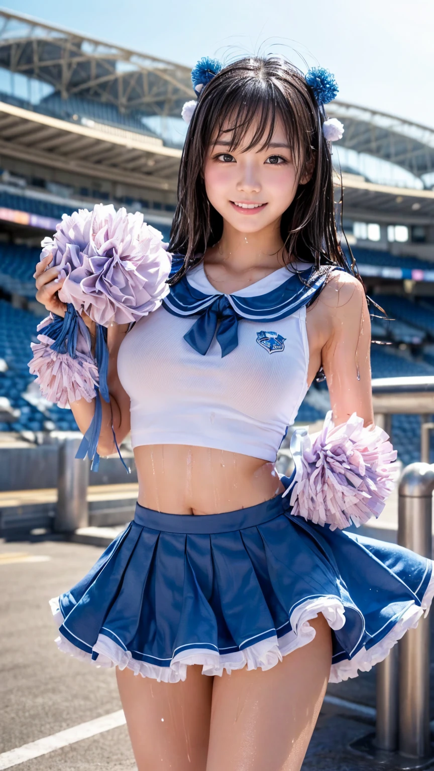 ((Low - Angle)),((from below:1.5)),((cheerleader:1.4)),((Cheerleader)),Back view、look back、Low - Angle、((The skirt is blown up high by the wind:1.6)),((Cheerleader)),(huge breasts:1.5),((abnormally short skirt:1.8)),((under breast:1.8)),((sweat:1.3)),((Underwear is visible:1.6))((unusually short clothing:1.8)),,8K、Detailed Description、Very high definition、Realistic、reality的、Real、live-action、reality、High resolution、Nogizaka46、japanese idol,beautiful girl、21 years old、smile、Dark brown eyes、sunny、blue sky、Are standing、Backwards、turn around、smile,closed mouth,full body,Very black hair、Short shortcuts、pretty girl、Beauty、Glowing Skin、Glowing Skin、Shiny Hair、Very white skin、Heavy makeup、Large Breasts、Slit eyes、Big Eyes、Dark brown eyes、Double eyelids、Don&#39;t show your teeth、Wet Skin、