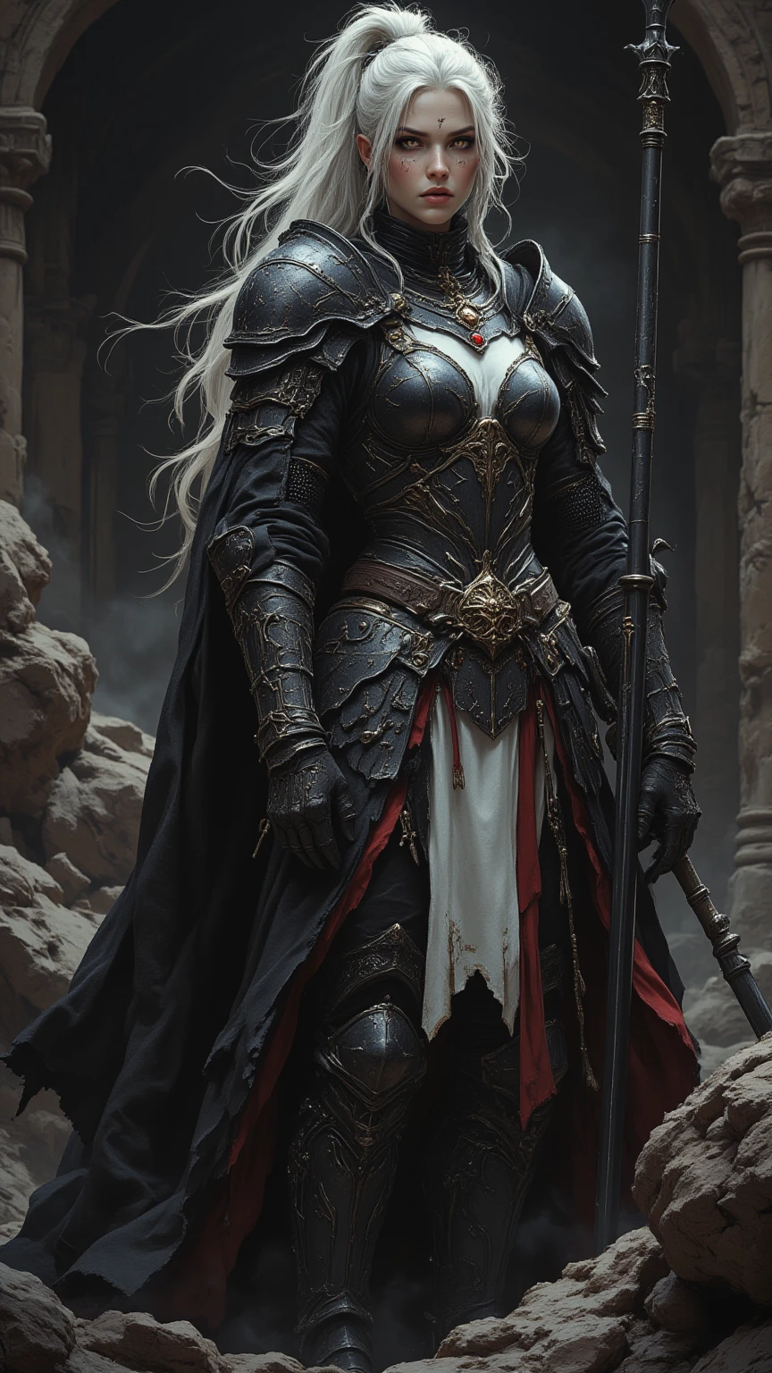 real 、 full body shot、 Knee Shot 、 Tensho eru Kuroboshi Savia 、Living Freely: Human Women's Dragon Knight、 let your long silver ponytail take hold、Wear black dragon light armor and equip black dragon cavalry spears、gold dagger at the waist、 Gold Accessories 、Dungeon of the Abyss 、(White innerwear) 、20-year-old woman、Dragonhorn Helm (Shallow Helm )(Can't hide face and ears )、(The type of lance used by cavalry)、black cloak with red inside、Red jewel accent on the chest、(Lightweight Armor)( human women)( human curled ears used by cavalry)