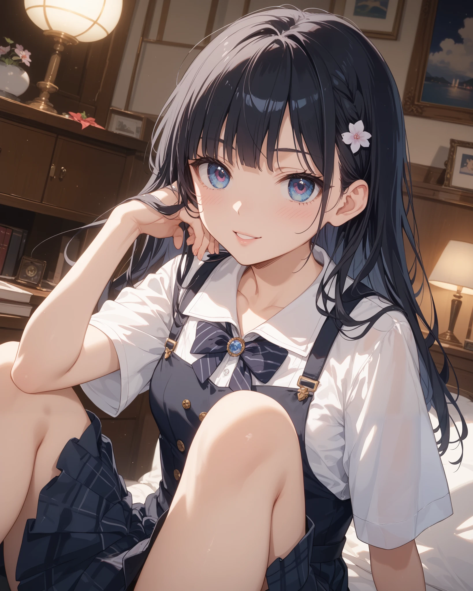 absurdres, RAW photo, extremely delicate and beautiful, masterpiece, Best Quality, ultra high resolution, 32k, hyperrealistic, ultra-detailed, perfect figure, in her 20s, very small head, very small face, delicate facial features, tearful mole, earring, huge breasts, legs, full body shot, medium hair, black hair, Colored inner hair, sweat, school_uniform,