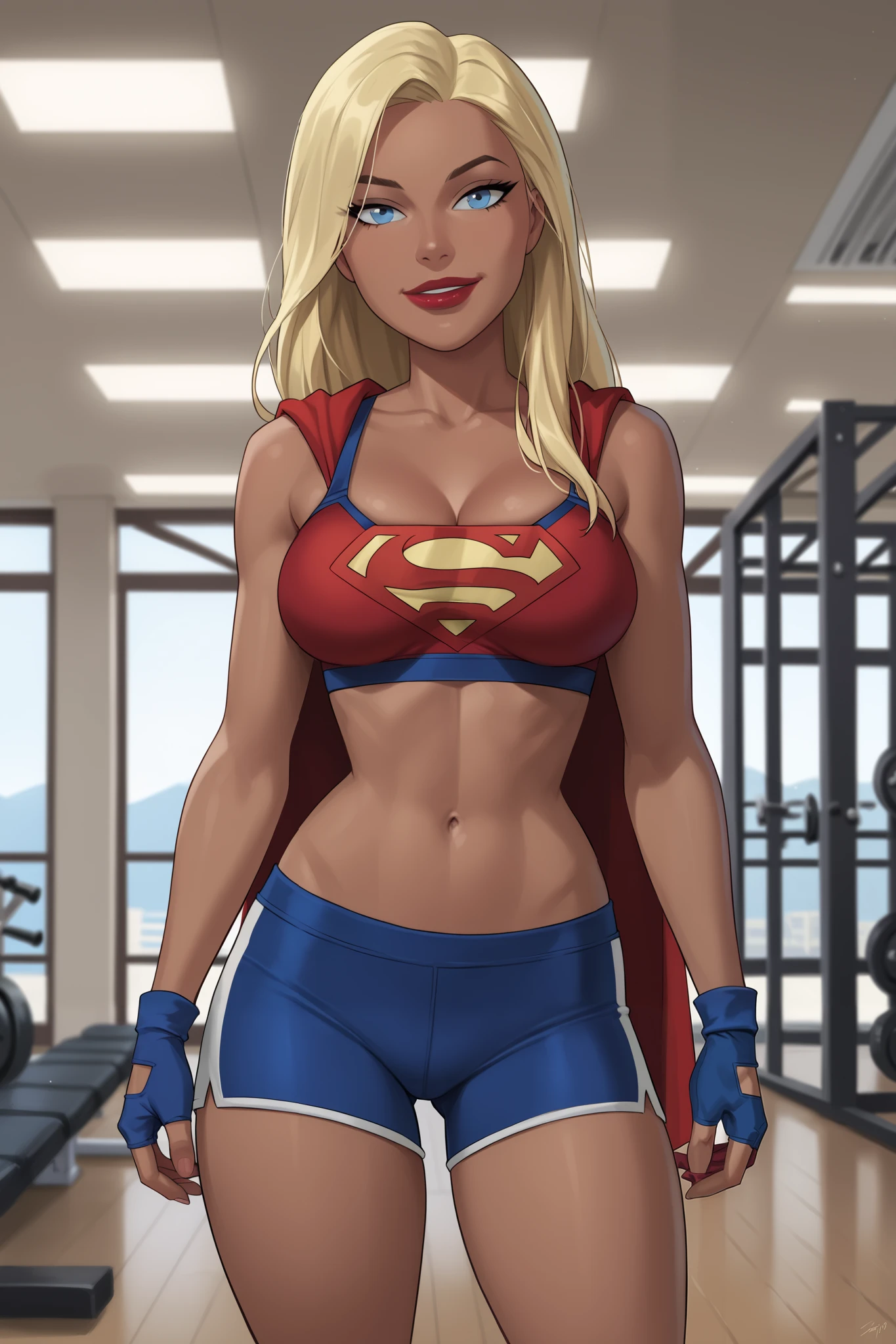 PonyXLV6_Scores BREAK ((parody), perfect anatomy, perfect eyes, cowboy shot) BREAK kara zor-el, long hair, blonde hair, blue eyes, dark-skinned female, lipstick, red lips, ((looking at viewer)), superhero, periwinkle racerback bra, periwinkle workout shorts, large breasts, curvy, toned, athletic, standing, indoors, smiling, closed mouth, gym, periwinkle fingerless gloves