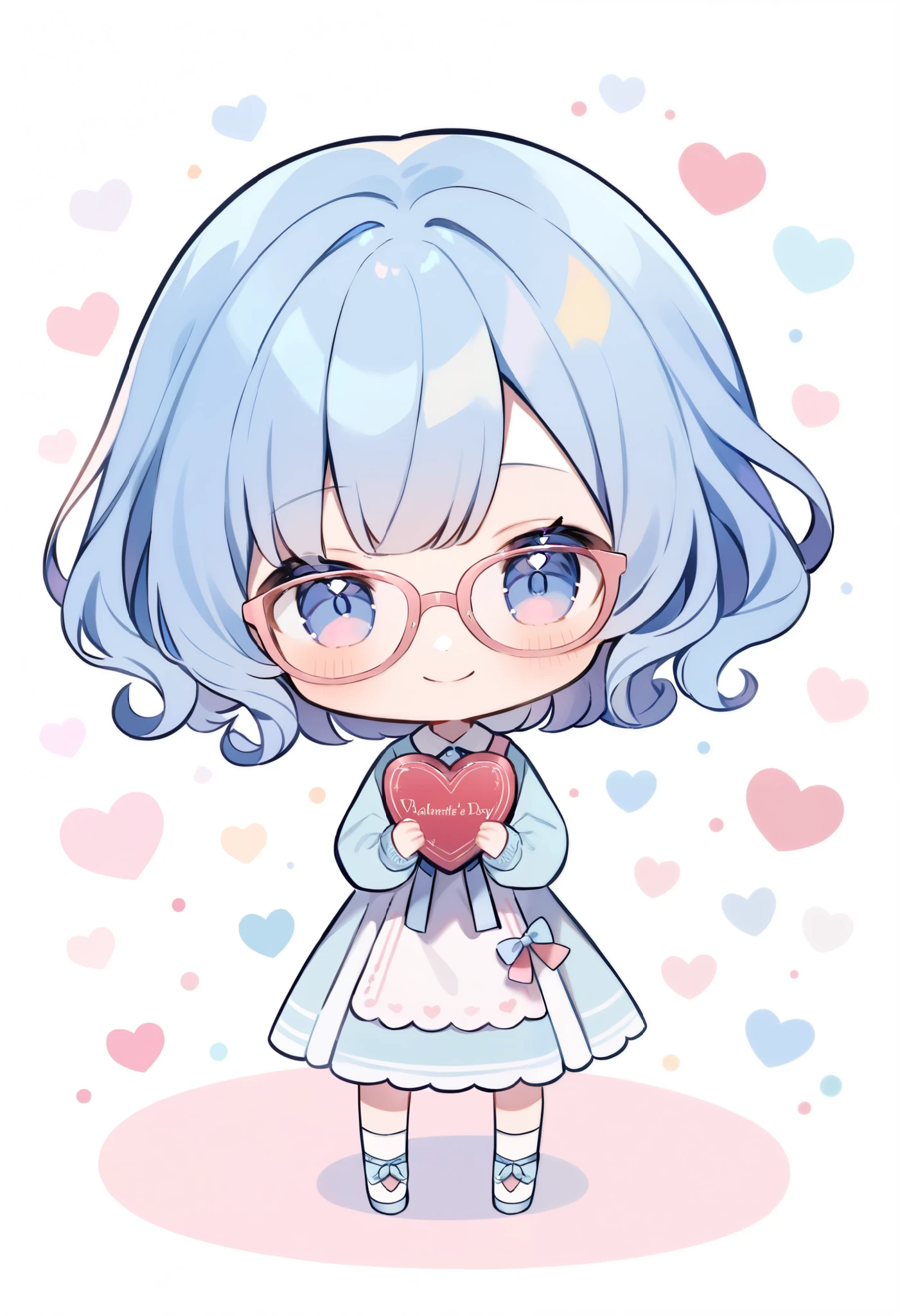 girl, 1 person, chibi, pastel color , smile、Glasses、 blue hair, short hair , curly hair、 Long Sleeve 、 stand straight and face the front with curly hair and elbows shoes Valentine's Day 、 has a white background、
