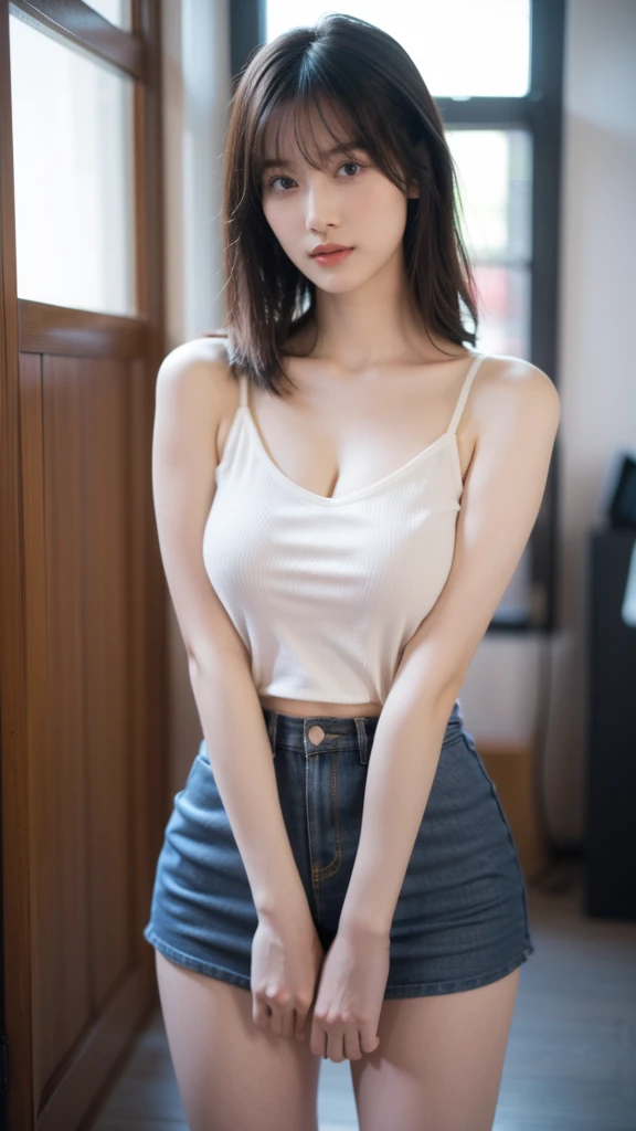 (8k, RAW Photos, Highest quality, masterpiece: 1.2), Very detailed, Super Resolution, (Genuine, Genuine photos: 1.37), Portraiture, High-quality RAW color photos, Professional photos, Very detailedで美new, Very detailed, 8k壁紙, Amazing details, Large file size, Official Art, Very detailed CG Unity 8k壁紙, Very detailed beautiful girls, Very detailed facesHighly detailed eyes, Very fine skin, Very detailed fingers, Very small nose, Very detailed detailed mouth, Perfect Anatomy, Detailed Background, High Quality Clothing,20th Generation, cute girl, Genuineistic body, White skin, Glowing Skin, (Blunt bangs: 1.2), smile, cute, like々new, cute face, Genuineistic face, Delicate eyes, Saggy eyes, Earrings, necklace、Looking into the camera, Embarrassed face、Embarrassed face、Dynamic Lighting,((( C cup breasts,Small breasts)))、(Gorgeous nightclub background1.2)、(Dynamic Sexy Pose 2)、(Gorgeous Theme 2)、(With cleavage 2)、Touch your buttocks with both hands)、(((Transparency、Short denim pants、Short denim pantsを脱ごうとしている、Seduce me sexually、16 years old)))、Erect nipples are visible、(((Sleeping in bed、Spread your legs)))、(((Shoulder-length hair、Hair that sticks out)))