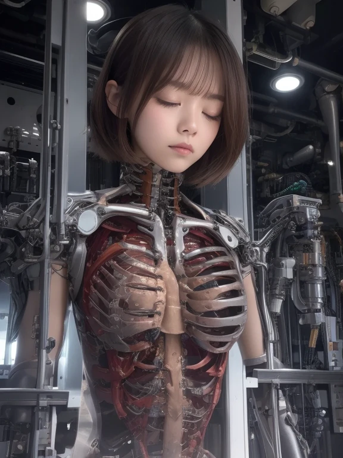 Generates an image of a girl-like android made up of a large amount of cables and wires、extremely delicate and beautiful、the detailed images、masterpiece、life-like、Exposed muscles、((Cables and wires exposed from torn stomach:1.5)).、Cables and wires connected throughout the body、Cables and wires are connected to the head、A tube is attached to the lower abdomen、Metallic skeleton inside the body visible through translucent skin、she is connected to the whole world network、Appearance of a beautiful girl、sitting on、Hollow eyes、Open mouth、Leaning back、Facing up:1.4、A detailed face、Complex eyes、