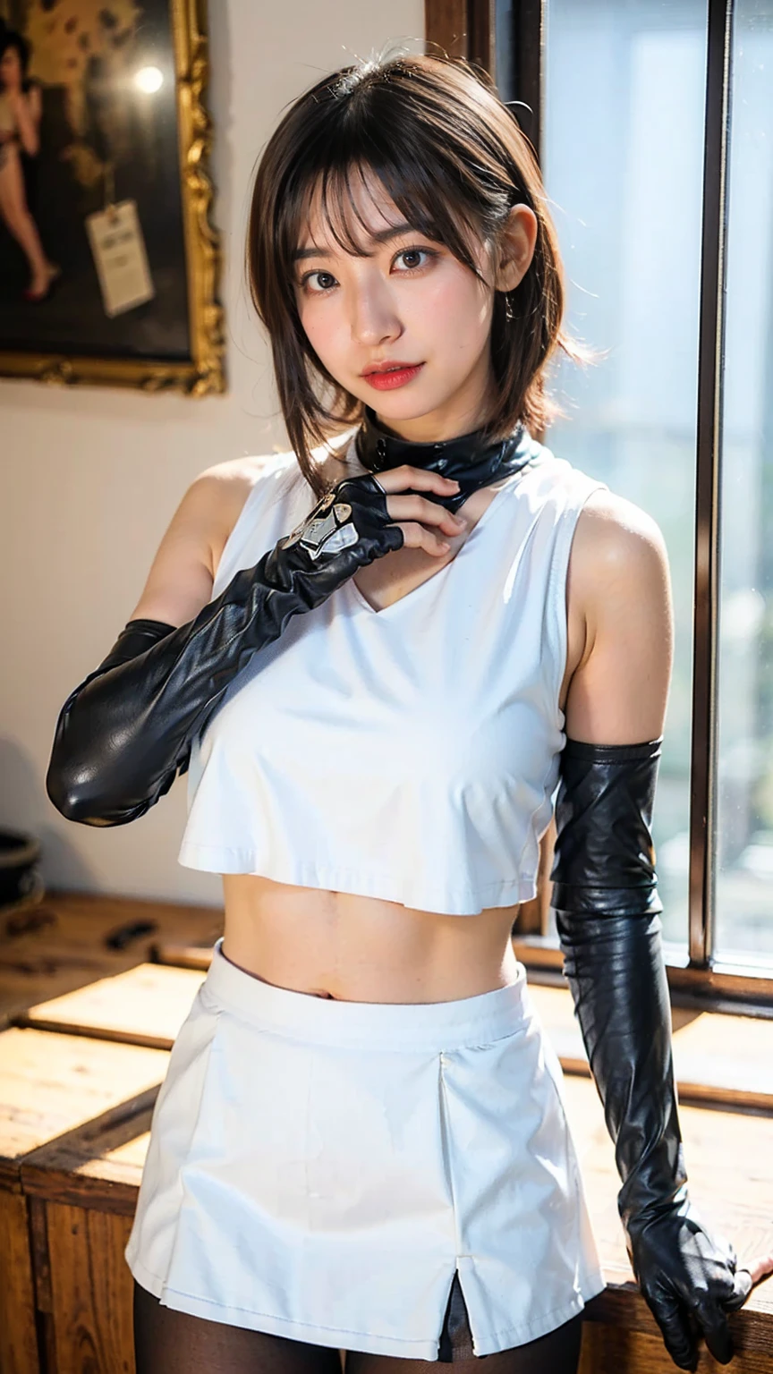 (masterpiece:1.3)、(Super fine), (8K, Photoreal, Raw photo, best image quality: 1.4), Japanese, , beautiful face, (lifelike face), (short hair:1.3), beautiful hairstyle, realistic eyes, beautiful eyes, (real looking skin), beautiful skin, charm, 超A high resolution, surreal, high detail,, detail makeup,see the beholder、larger breasts、boxing ring、open finger gloves、trimmed pubic hair、beautiful nipples、((full body figure))、ripped aby breasts are fondled by a male fighter、Costume ripped off、large crowd、Large indoor stadium、Spotlight、erotic cosplay、((Handcuffs bondage))、hands behind your back