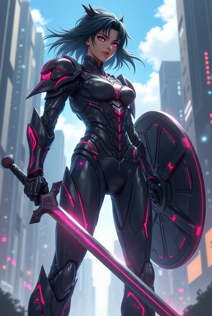 A anime girl with one handed sword and full armed