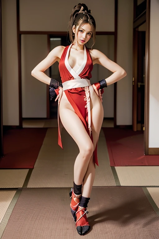 (mai shiranui:1.6), (tabi:2.0), (toe:1.2), (Full body portrait:2.0), Full body, (Realism), (masutepiece:2.0), (Best Quality), (ultra-detailliert), (8K, 4K, Convoluted), (Flat Lighting:1.2), (skinny), Prestige, Brown eyes, Long hair, brown eyes, long hair, brown hair, white ribbon, sleeveless, ponytail, sash, pelvic curtain, arm guards, gloves, tabi, fascinated expression, Sexy eyes, slim, medium breasts, Smile, Cute, view the viewer, Long hair, Close to Japan temple, (breasts focus:1.2), (Realistic:1.2), (Full Shot: 1.2), (85 mm), light Particle, Lighting, (Highly detailed:1.2), (Detailed face:1.2), (gradients), SFV, Colorful, (Detailed eyes:1.2), (Detailed temples of Japan: 1.2),(Detailed background), (Dynamic Angle:1.2), (Dynamic Pose:1.2), (Line of action:1.2), Wide Shot, Daylight, Solo.