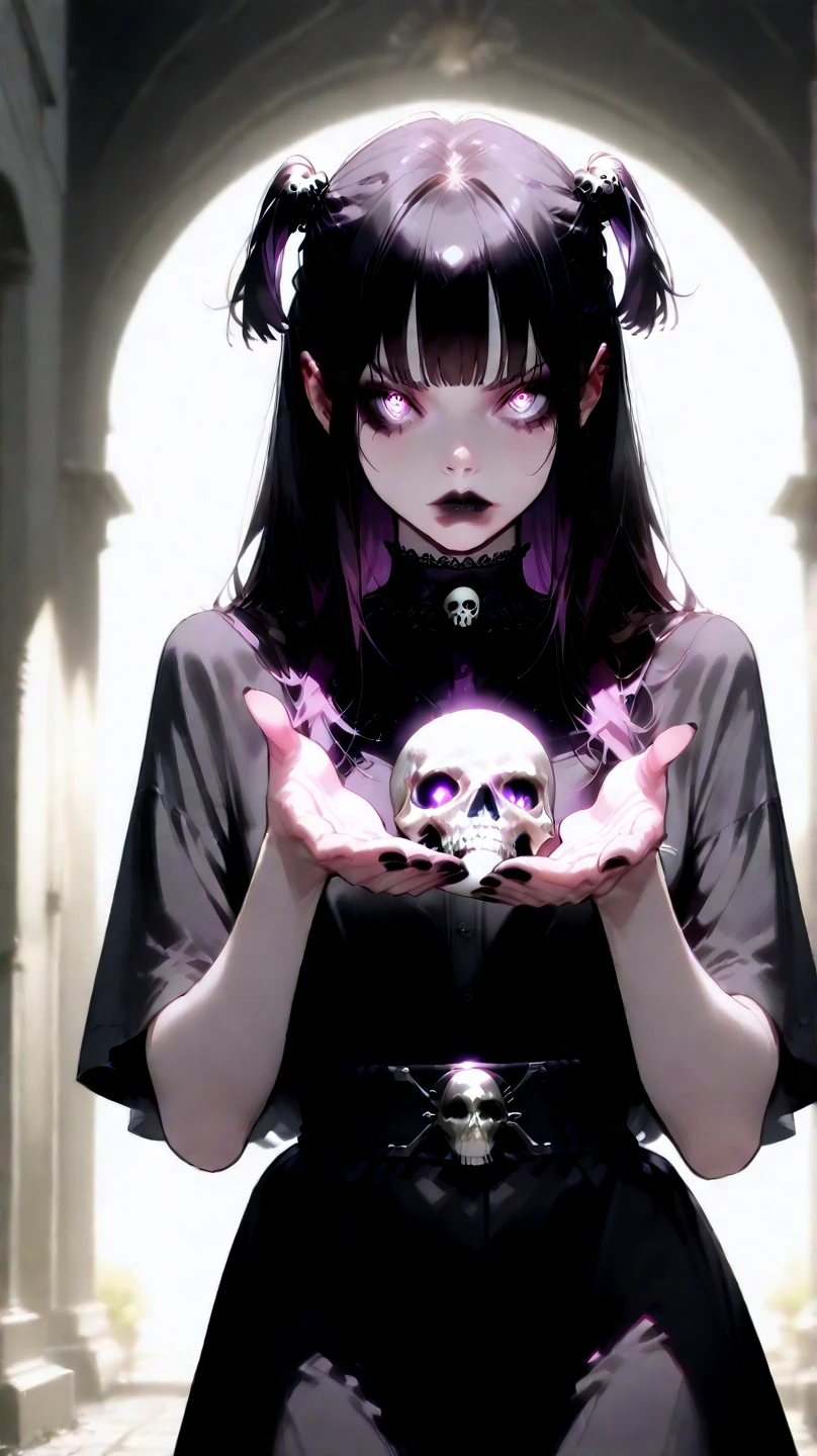 1girl, catgirl, cat ears, masterpiece, best quality, A ghostly, anthropomorphic cat-girl figure with large, pointed ears and glowing pink eyes sits in a mist-covered graveyard. She is draped in a translucent, flowing gown that merges with the surrounding mist. Her expression is eerie, with a subtle, unsettling smile. Above her head floats a small, ghost-like entity with a similar ethereal appearance, featuring a simplistic, almost cartoonish face. The background is filled with gravestones, partially obscured by the fog, creating a mysterious and otherworldly atmosphere. The overall scene is illuminated by a cold, bluish light that enhances the spectral and eerie mood.
