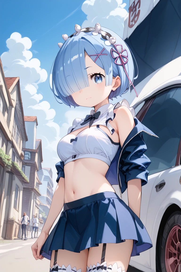 1girl, Touhou, Nitori Kawashiro, blue hair, blue eyes, blue mechanic suit, blue mechanical pants, blue tube top, off-sleeves white tank top, Navel, green mechanical gloves, Boots, green kappa hat, mechanic tool box on the ground, open tool box, rural city Background, wide shot, mechanical office background