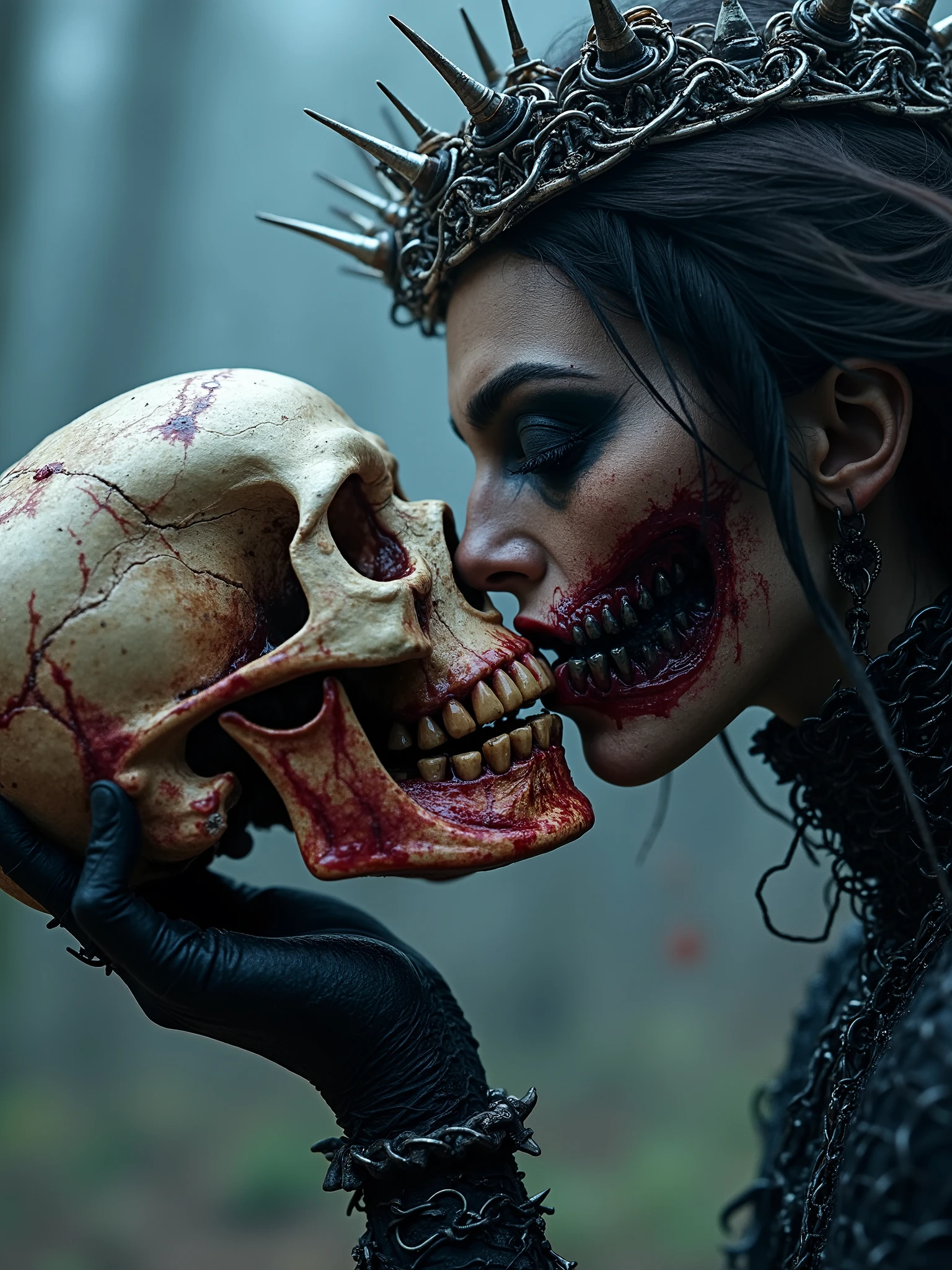 Beautiful Female cosmic entity bone crown,l,half skull half face rotted,barb wire wrapped around her,spilled with red and black fluid,dark makeup,dark surrealism,dark realistic photography, dark occult art,melancholic dark art, surreal dark art, frozen background with darkness and realistic look,chainmail armour and spikes, kissing a smoking burning skull