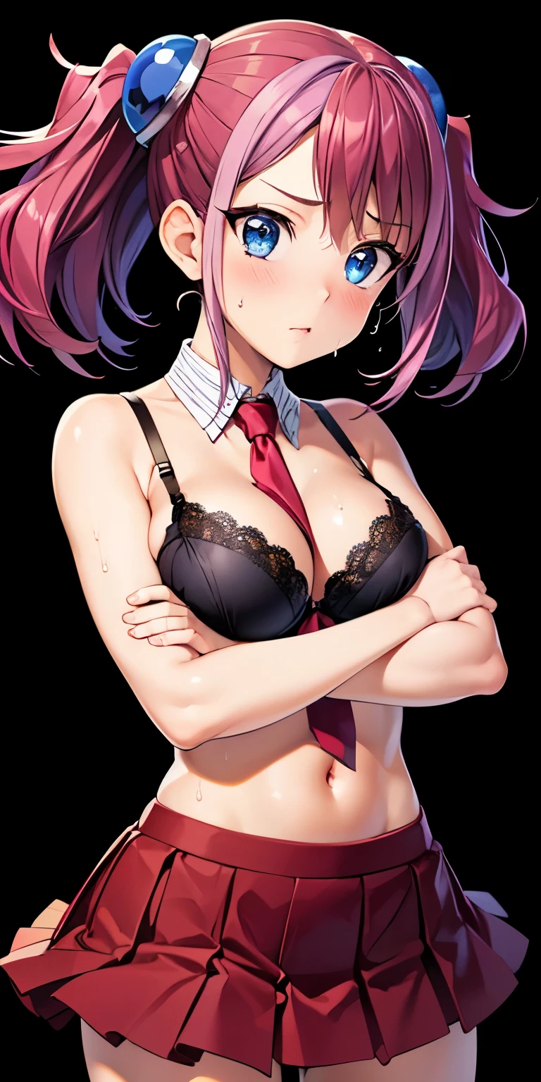 1 Female,High definition,high resolution,Ultra-realistic,8K,hy1, hair ornament, multicolored hair, blue eyes, jewelry ,necktie, skirt, tight skirt,miniskirt,sleeveless, school uniform,standing, solo, standing, masterpiece, best quality, detailed face, detailed eyes, highres,European,sexy,Photographed from the front,Dynamic Angles,blush, (big tits),(cleavage),cute face, facial, sweat, perfect face, perfect body,(wide thighs:1.3),cute face,(upper body),( crossed arms),black background ,(black lace bra)