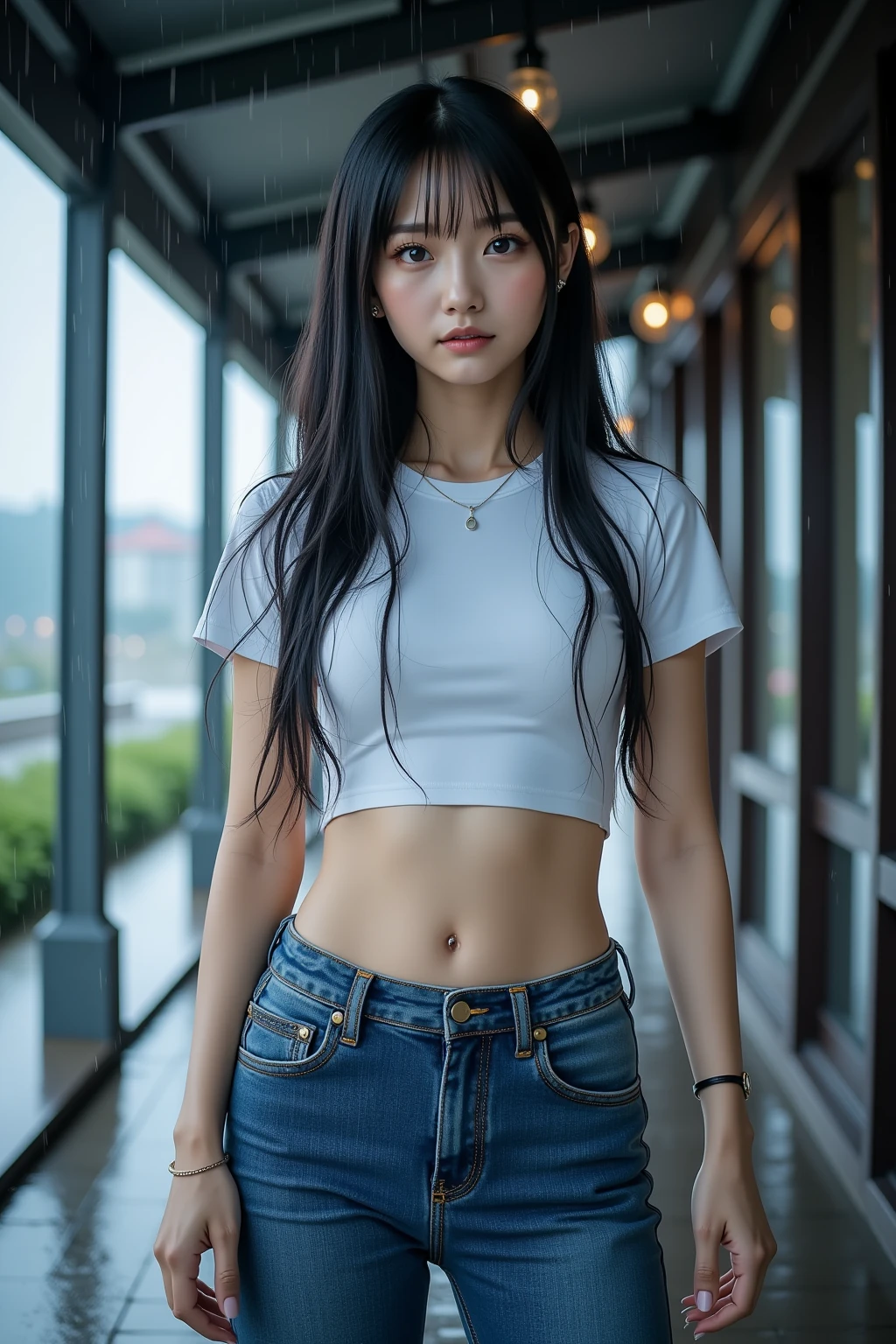 best quality, masterpiece, high resolution, 8k, (current: 1.4), Ultra high resolution, 1 girl, Super detailed, Hyper-Reality, Highly detailed CG illustrations, official art, Light, Reality, Young beautiful girl, Perfect body, Perfect body, full view, Perfect body, (start from below: 1.3), mask, posture, Sexy long legs, confident, Beautiful and sexy, Gray short sleeves, open belly, Black super shorts, S-shaped body, upturned buttocks, hypothesis, 摆posture, Different perspectives